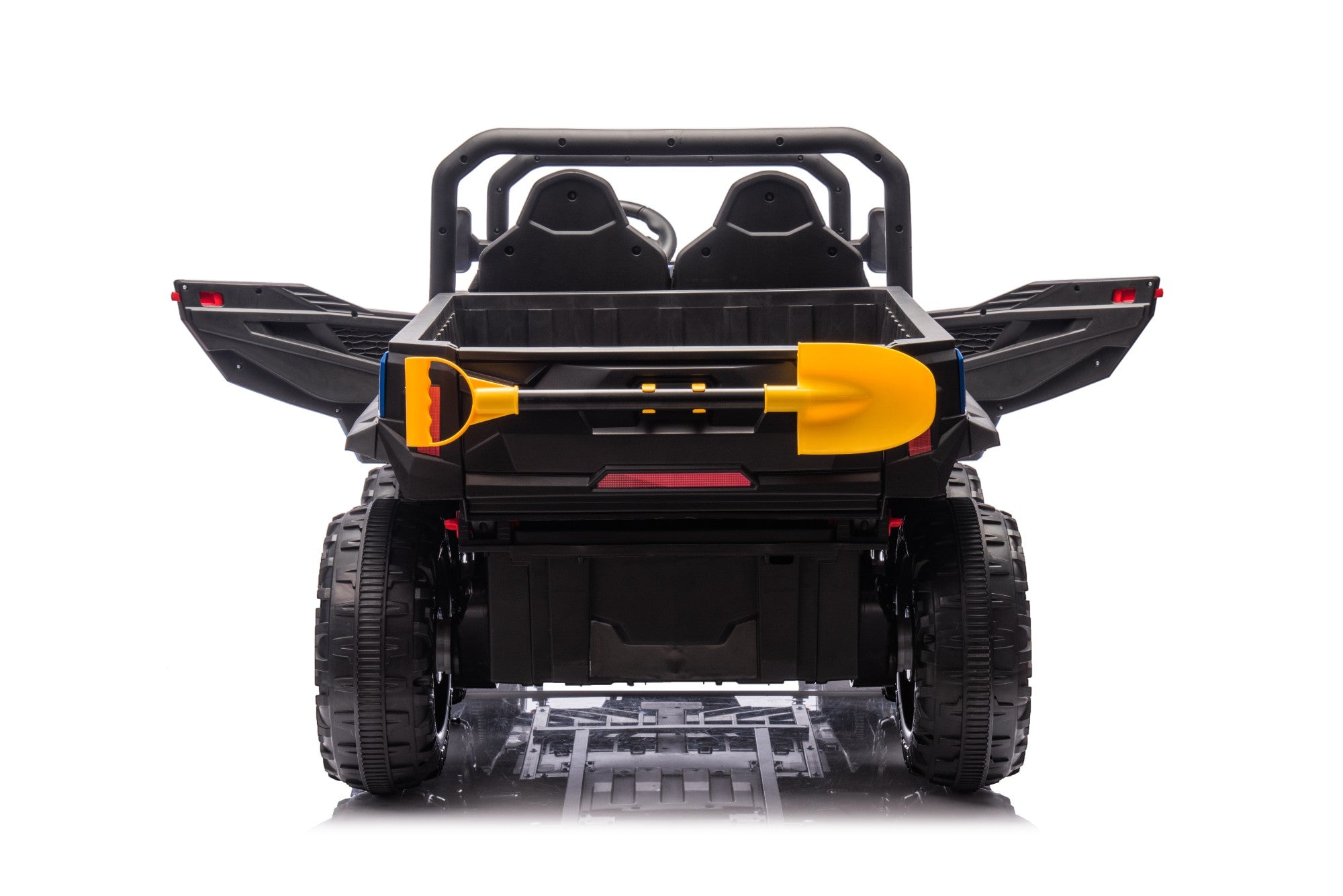 Rear view of 24V blue ride-on electric dump truck with open tailgate, electric tipper, and two leather seats.