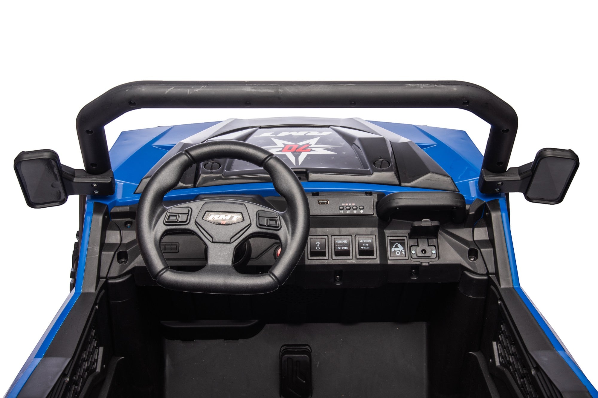 Dashboard and steering wheel of a blue 24V ride-on electric dump truck with side mirrors and control buttons visible