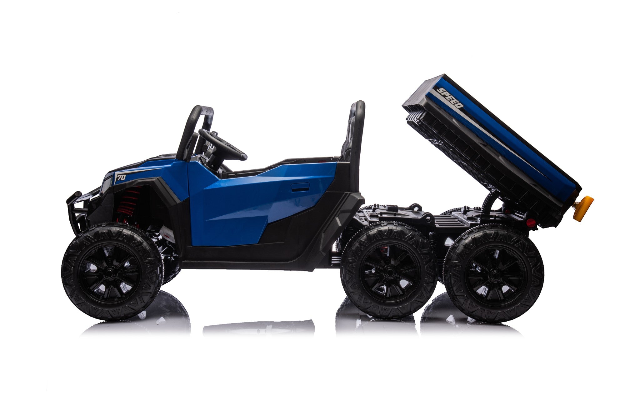 Blue 24V ride-on electric dump truck with six wheels, leather seat, and working electric tipper for kids.