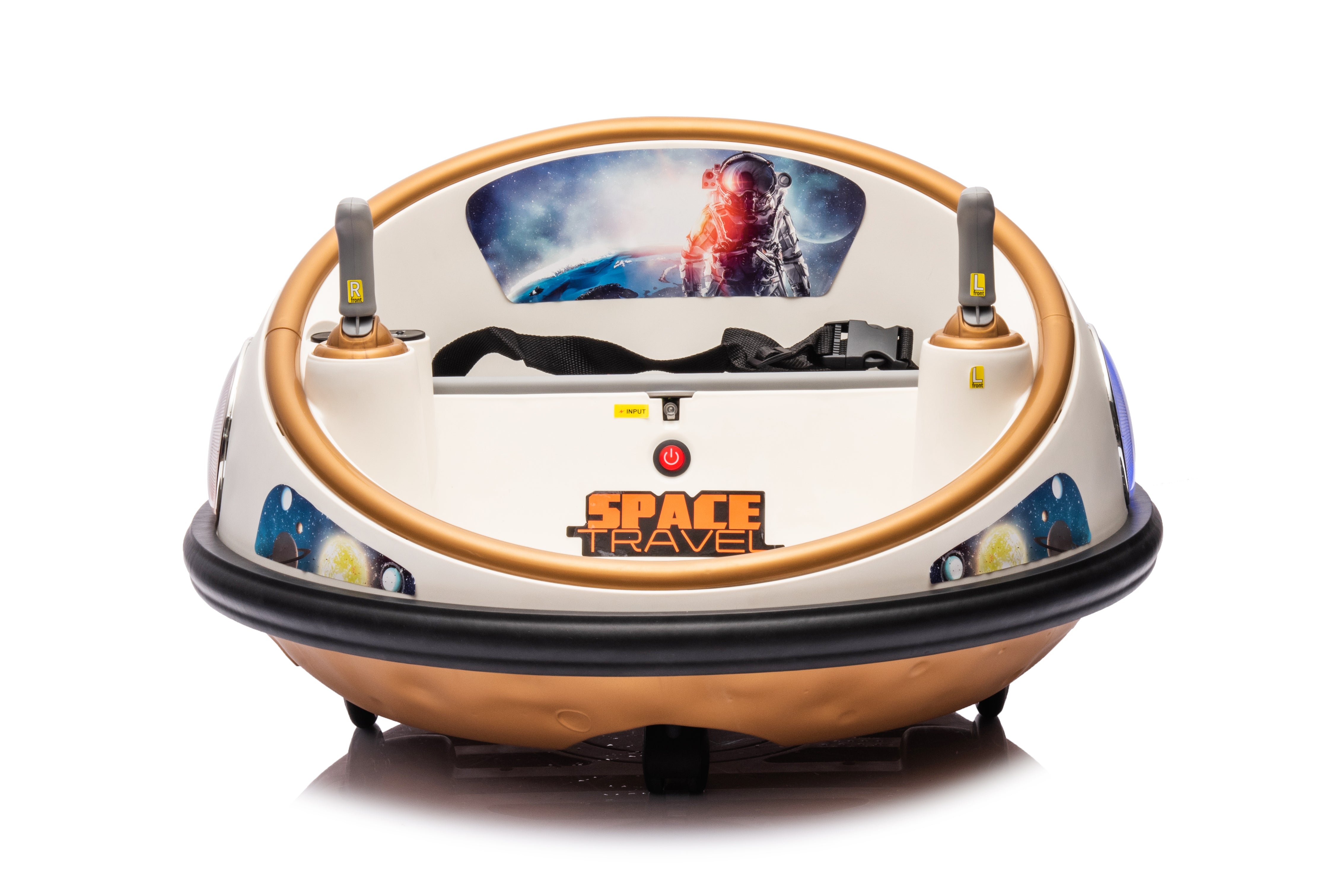 12V kids bumper car in champagne color with Space Travel theme, seatbelt, joystick controls, and LED lights