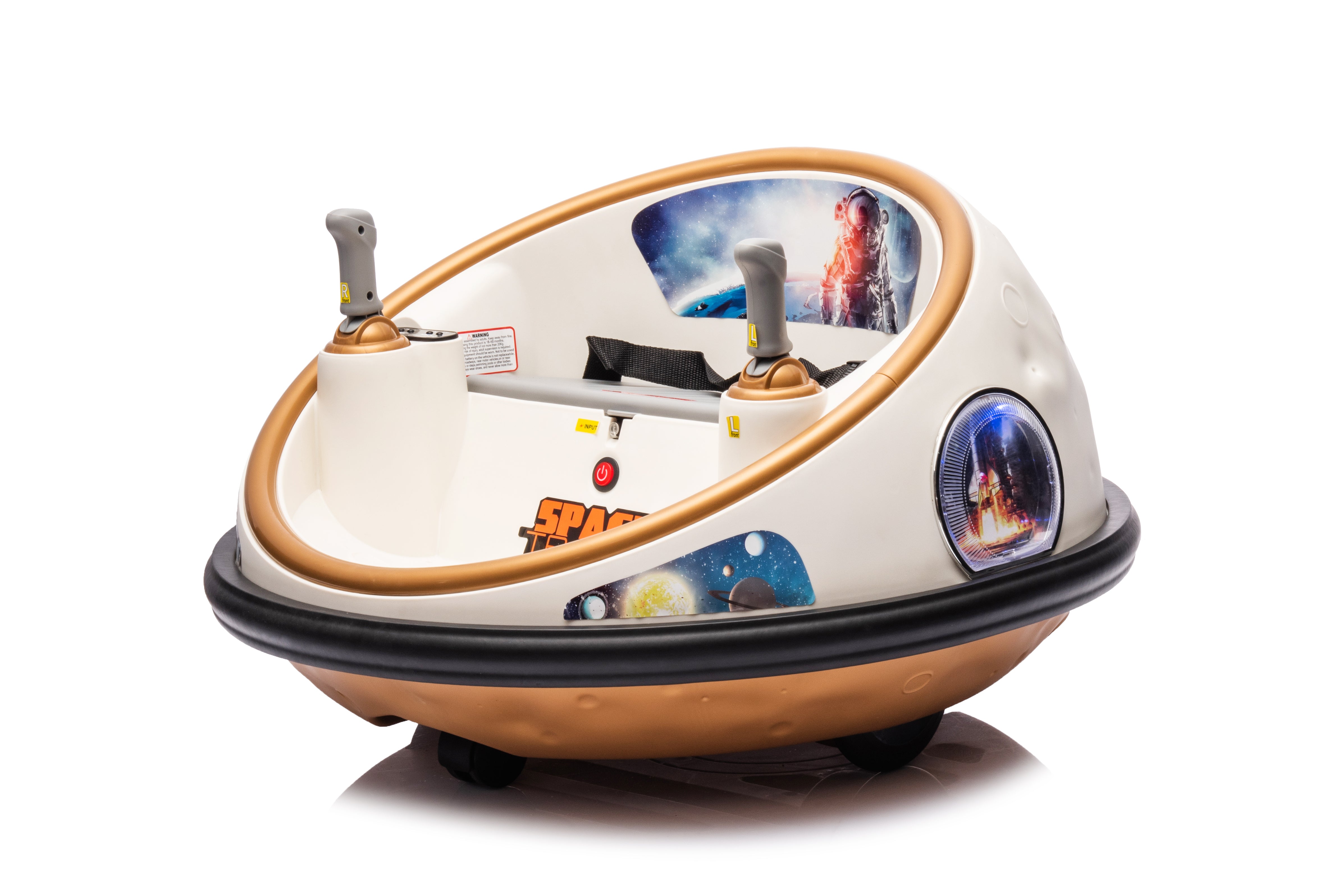 Champagne 12V kids bumper car with joystick controls, seatbelt, and space-themed decals for toddlers aged 1 to 5.