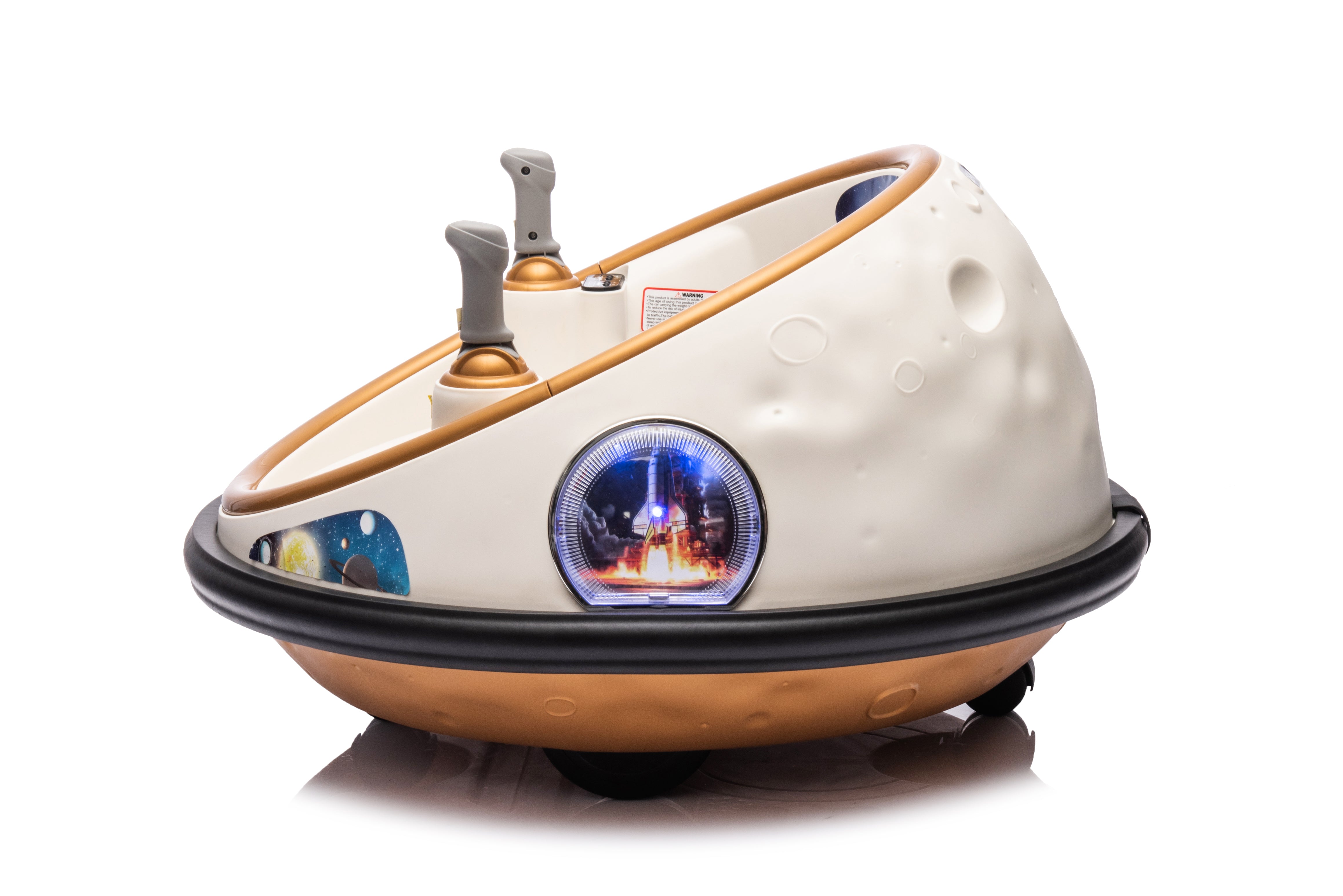 Champagne-colored 12V kids bumper car with 360-spin, LED lights, sound effects, and parental remote control for toddlers.