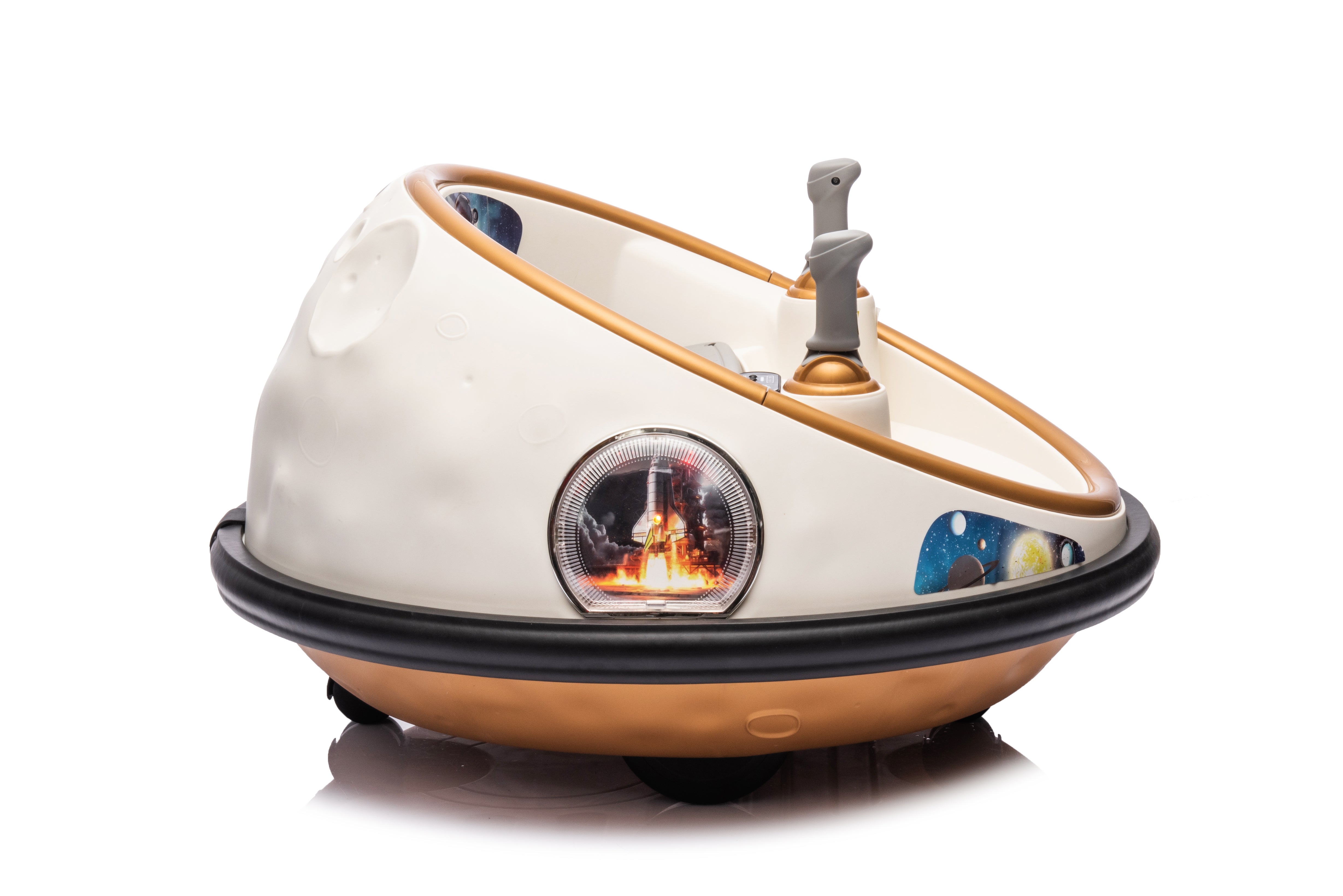 Champagne 12V kids bumper car with 360-spin, lights, sound effects, and parent remote control for toddlers.