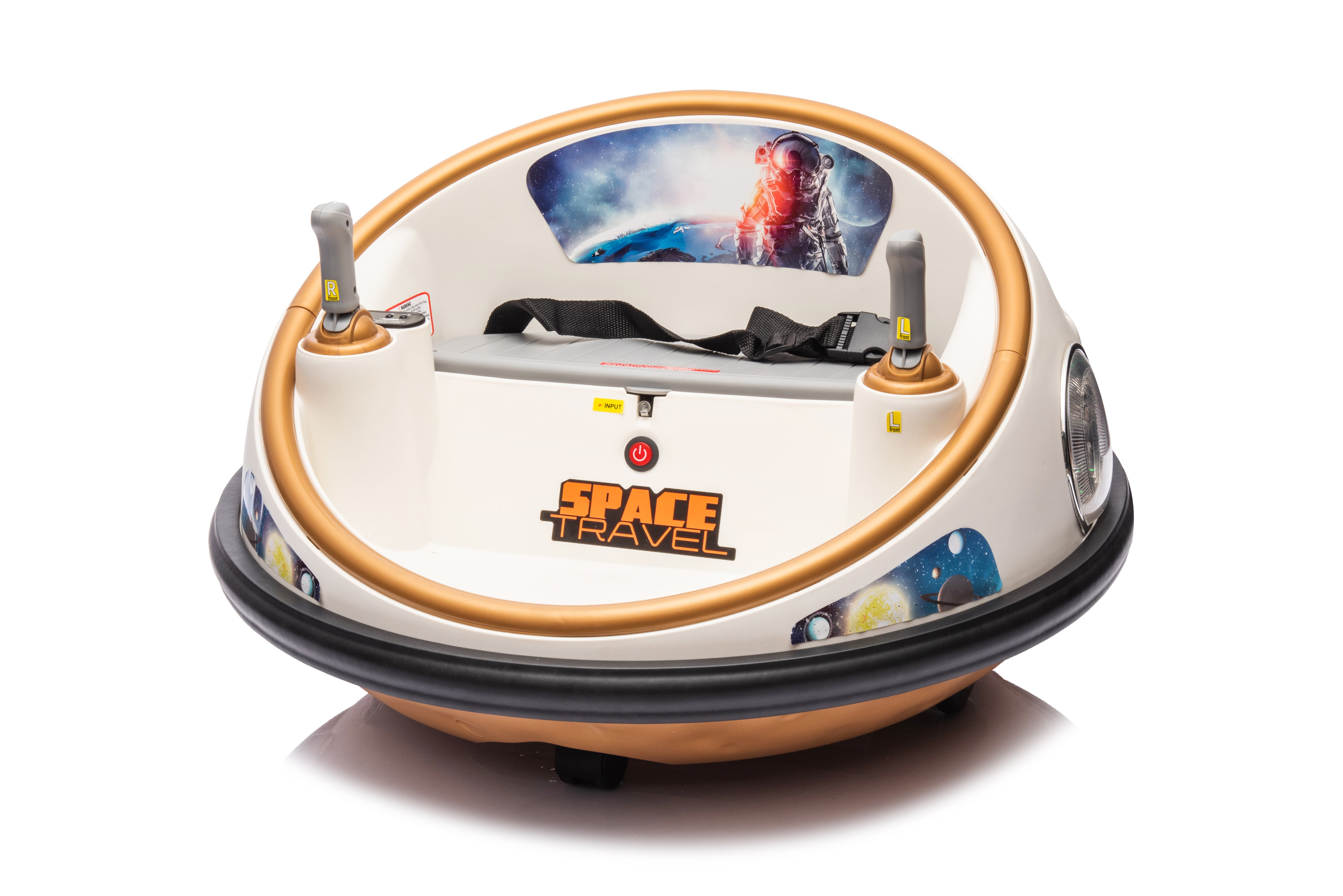 Champagne-colored 12V kids bumper car with space-themed design, dual joysticks, and safety seatbelt for toddlers