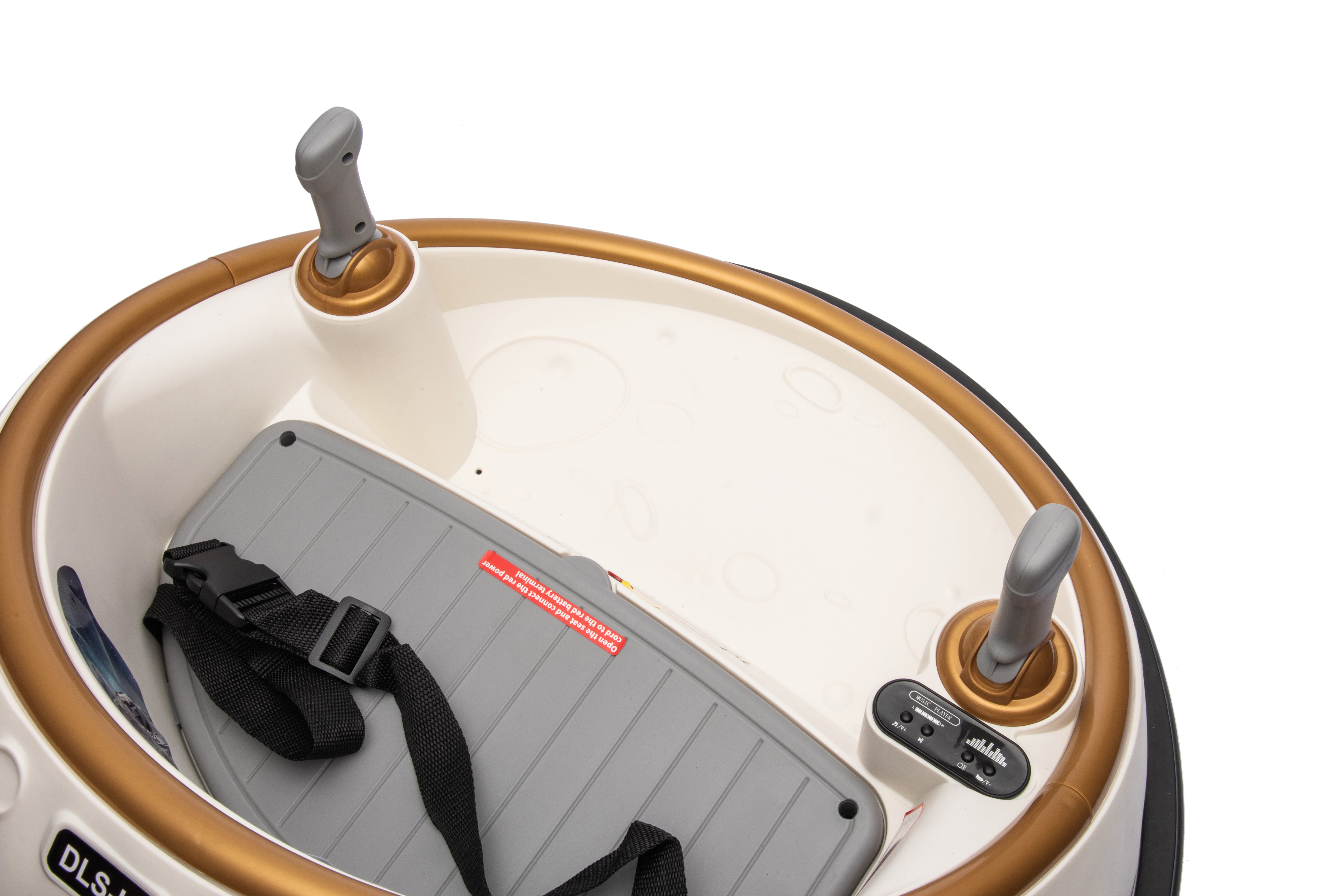 Close-up of the champagne 12V kids bumper car seat with safety seatbelt and dual control joysticks.