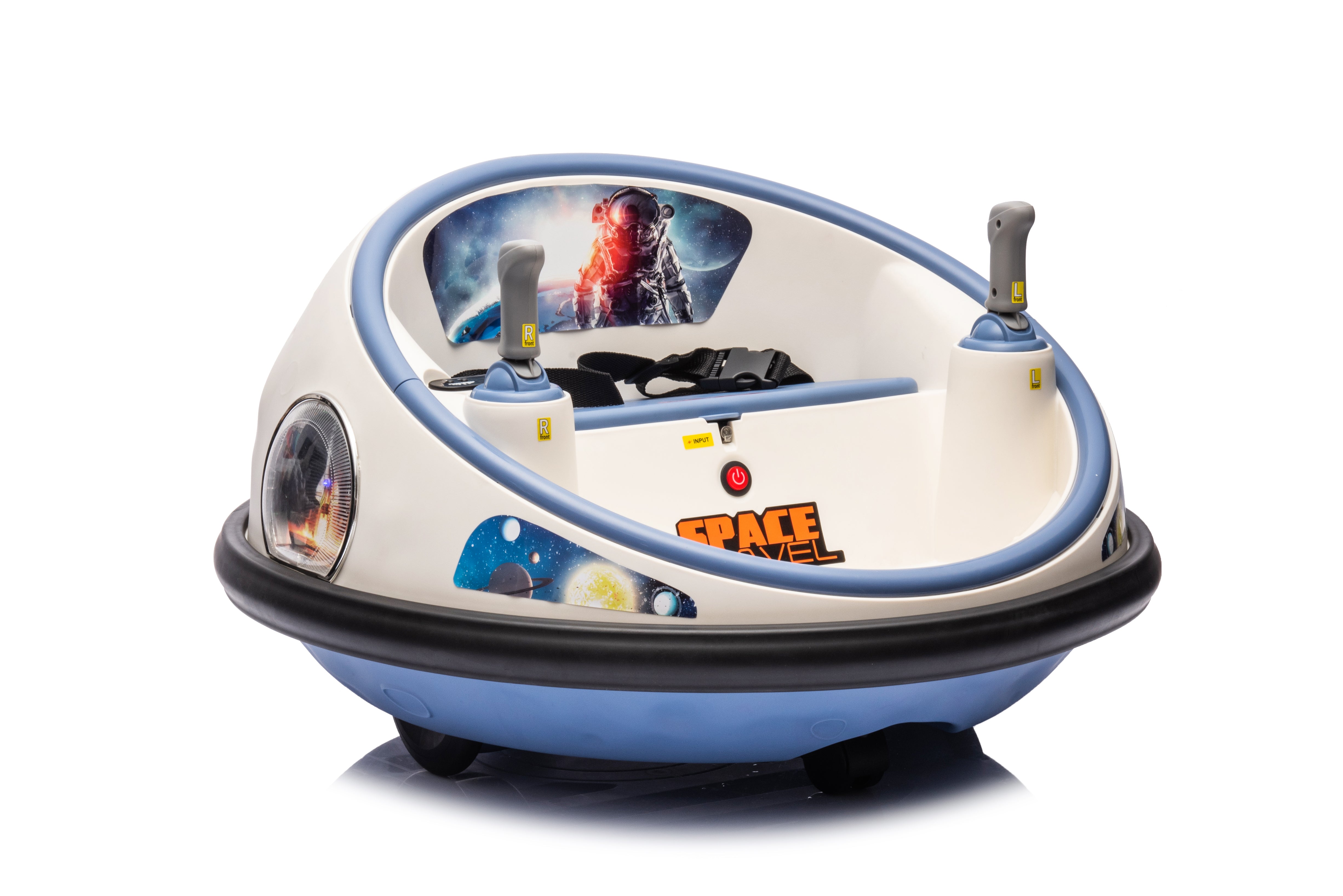 White and blue 12V kids bumper car with space-themed design, twin joysticks, and padded seat for toddlers.