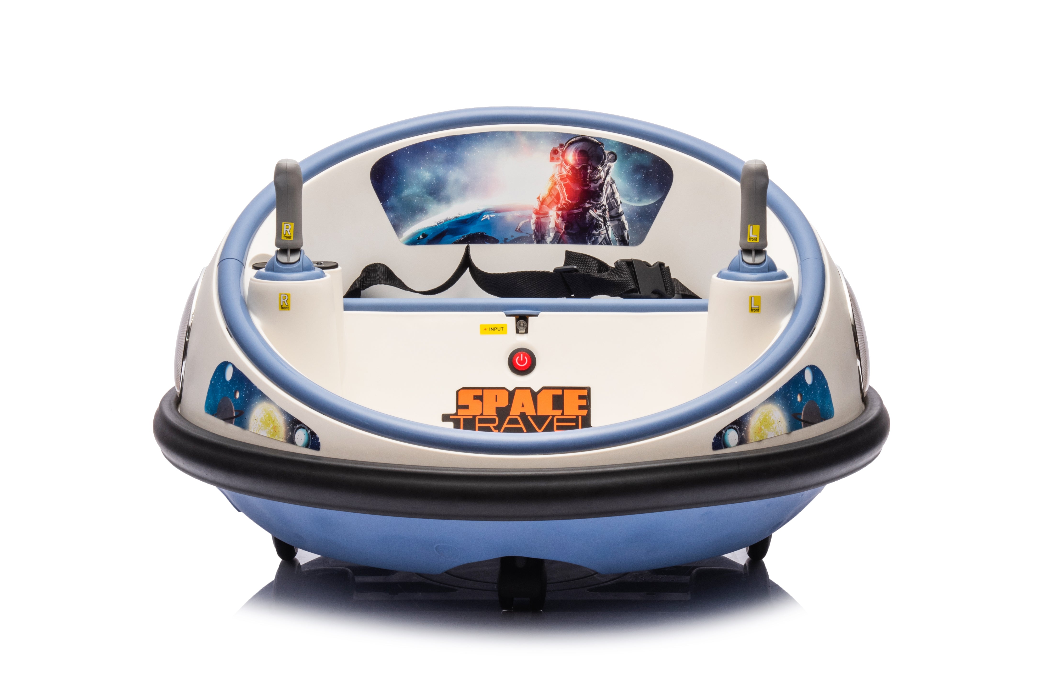 Blue and white kids bumper car with space travel theme, twin joysticks, and padded seat for toddlers ages 1 to 5.