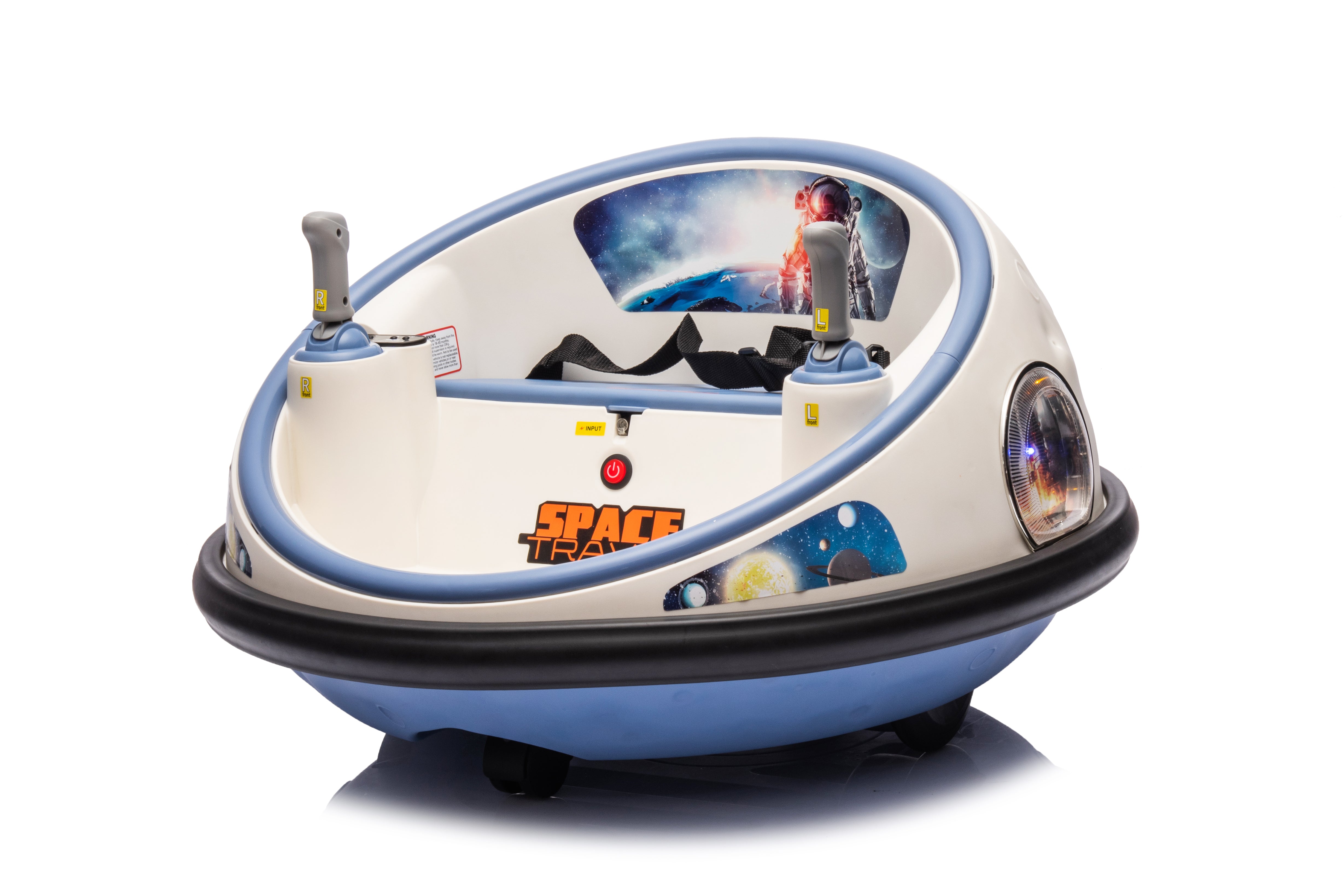White 12V kids bumper car with dual joysticks, space-themed design, LED lights, and padded seat for toddlers.