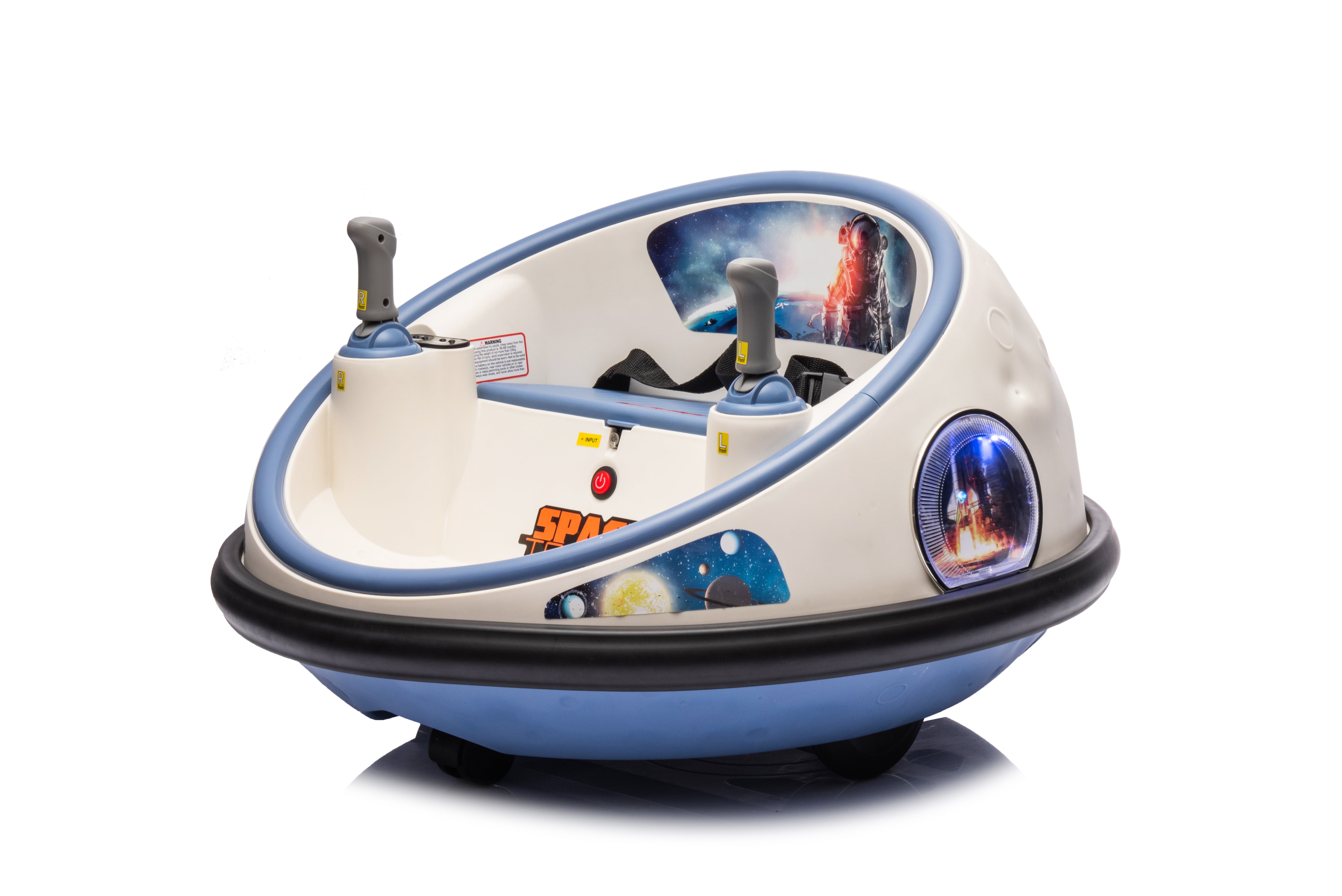White and blue 12V kids bumper car with dual joysticks, LED lights, and space-themed decals for toddlers aged 1 to 5