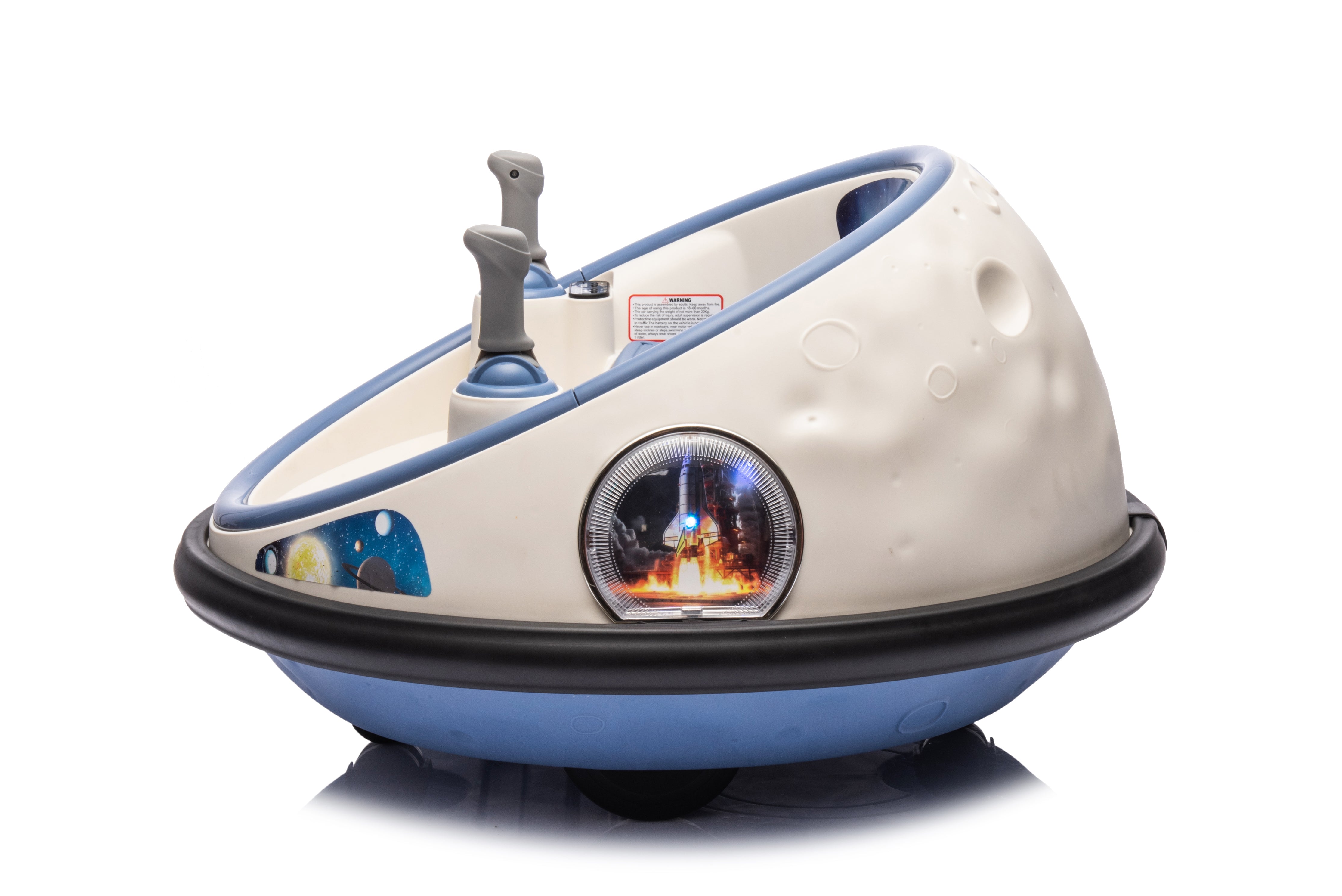 White and blue 12V kids bumper car with joystick controls and LED lights for toddlers aged 1 to 5 years.