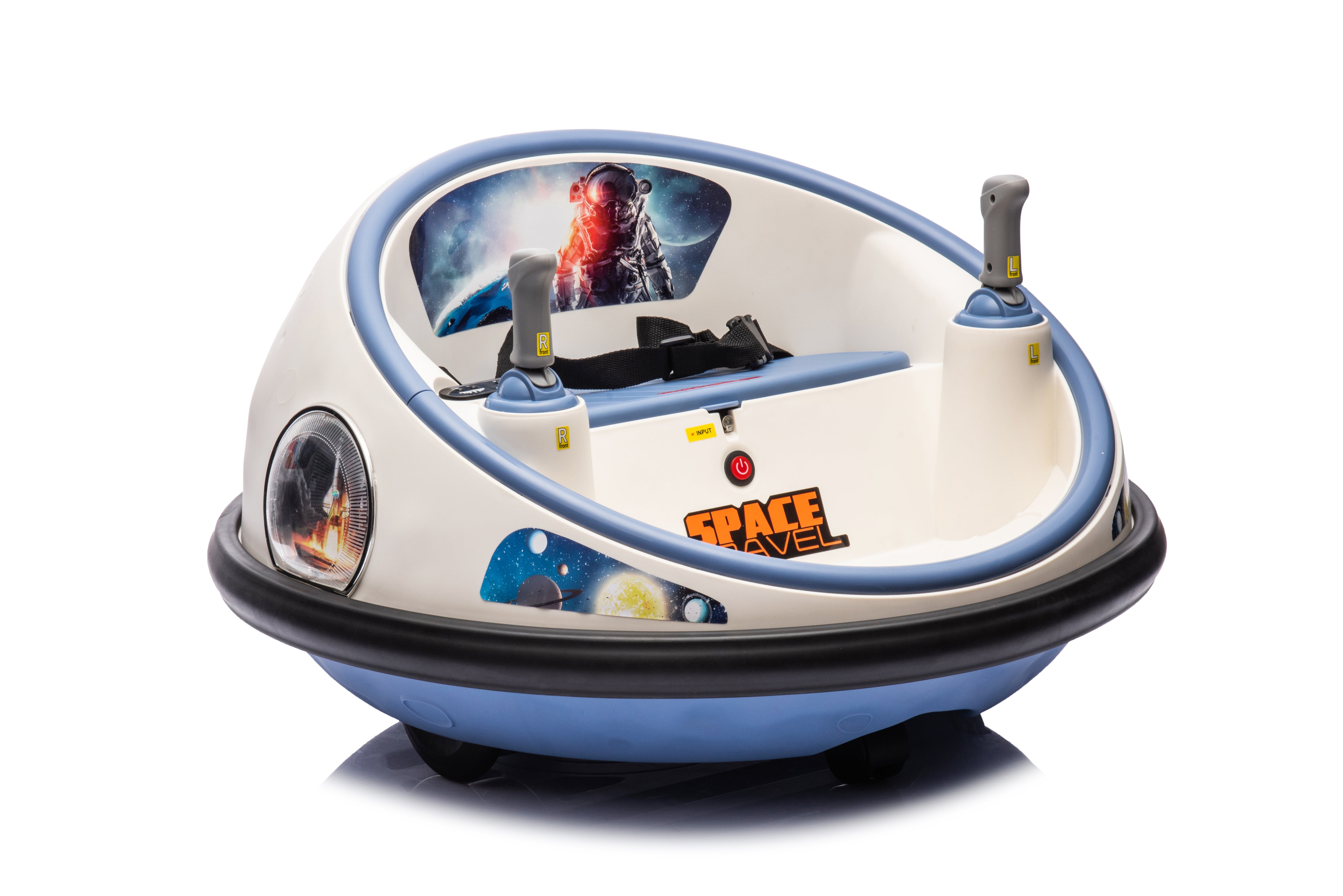 White 12V kids bumper car with space-themed decals, dual joystick controls, padded seat, and safety seatbelt for toddlers.