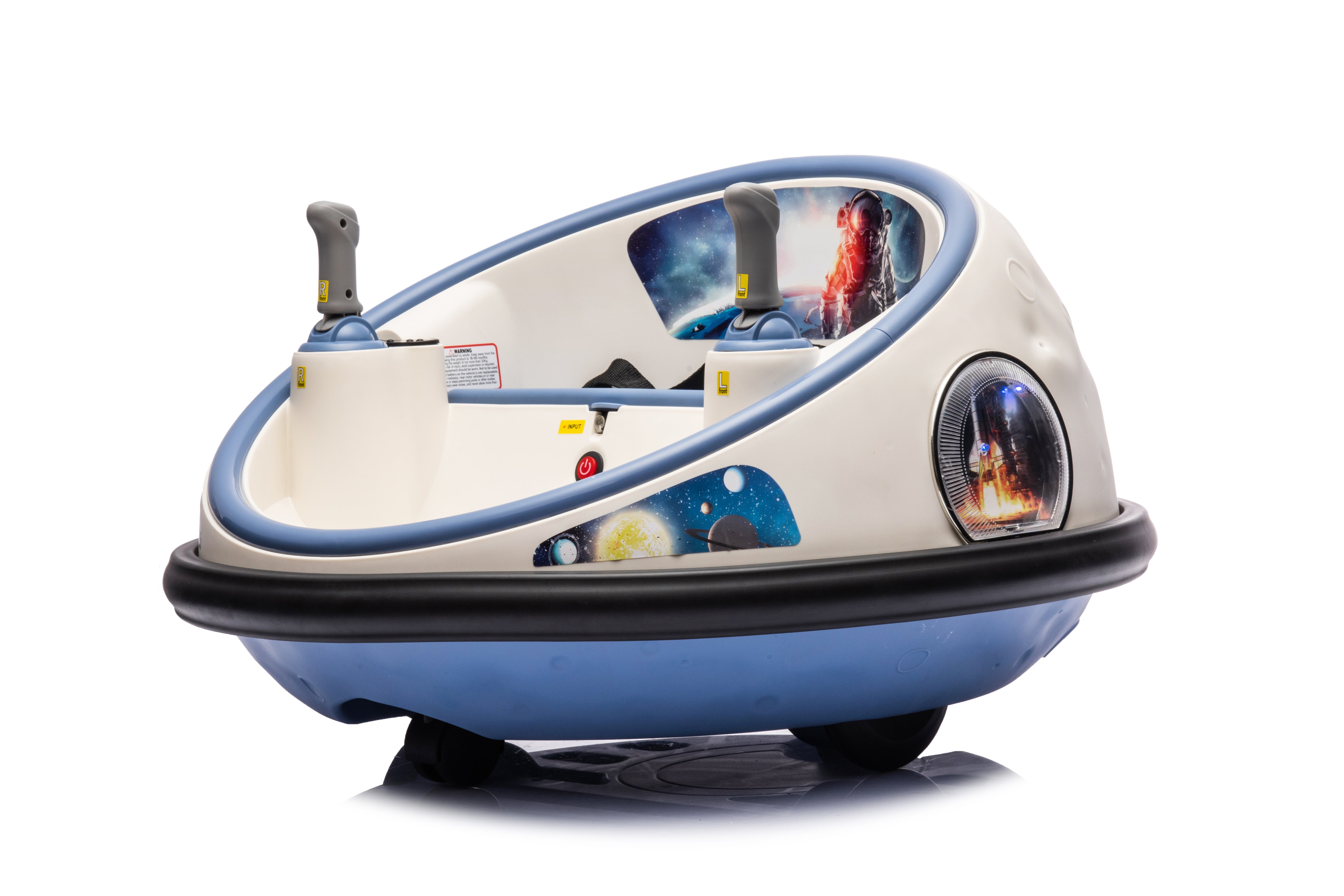 White 12V kids bumper car with space-themed decals, twin joysticks, and rubberized bumper for toddlers aged 1 to 5 years.