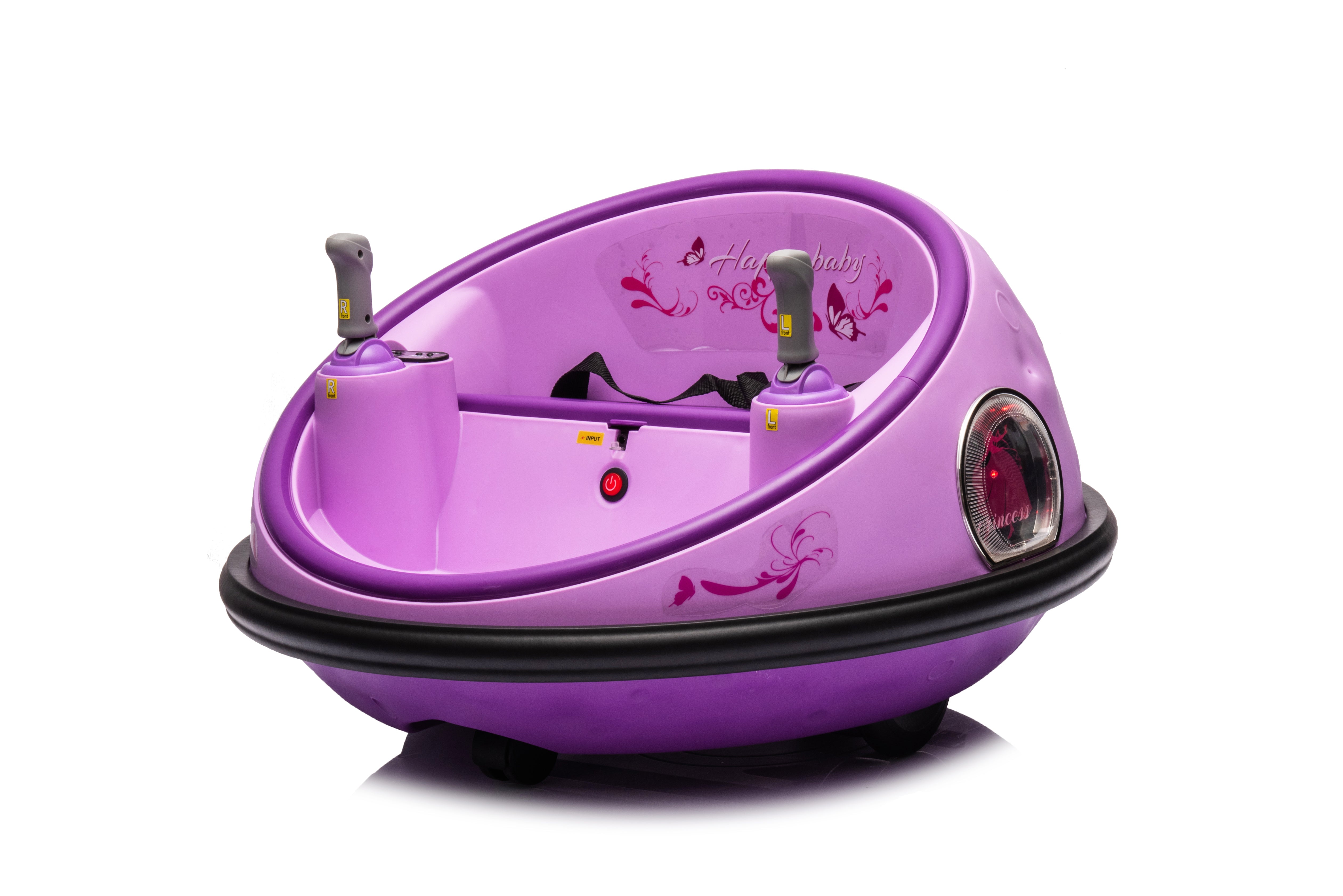 Purple 12V kids bumper car with dual joysticks, rubber bumper, and safety seatbelt for toddlers aged 1 to 5 years.