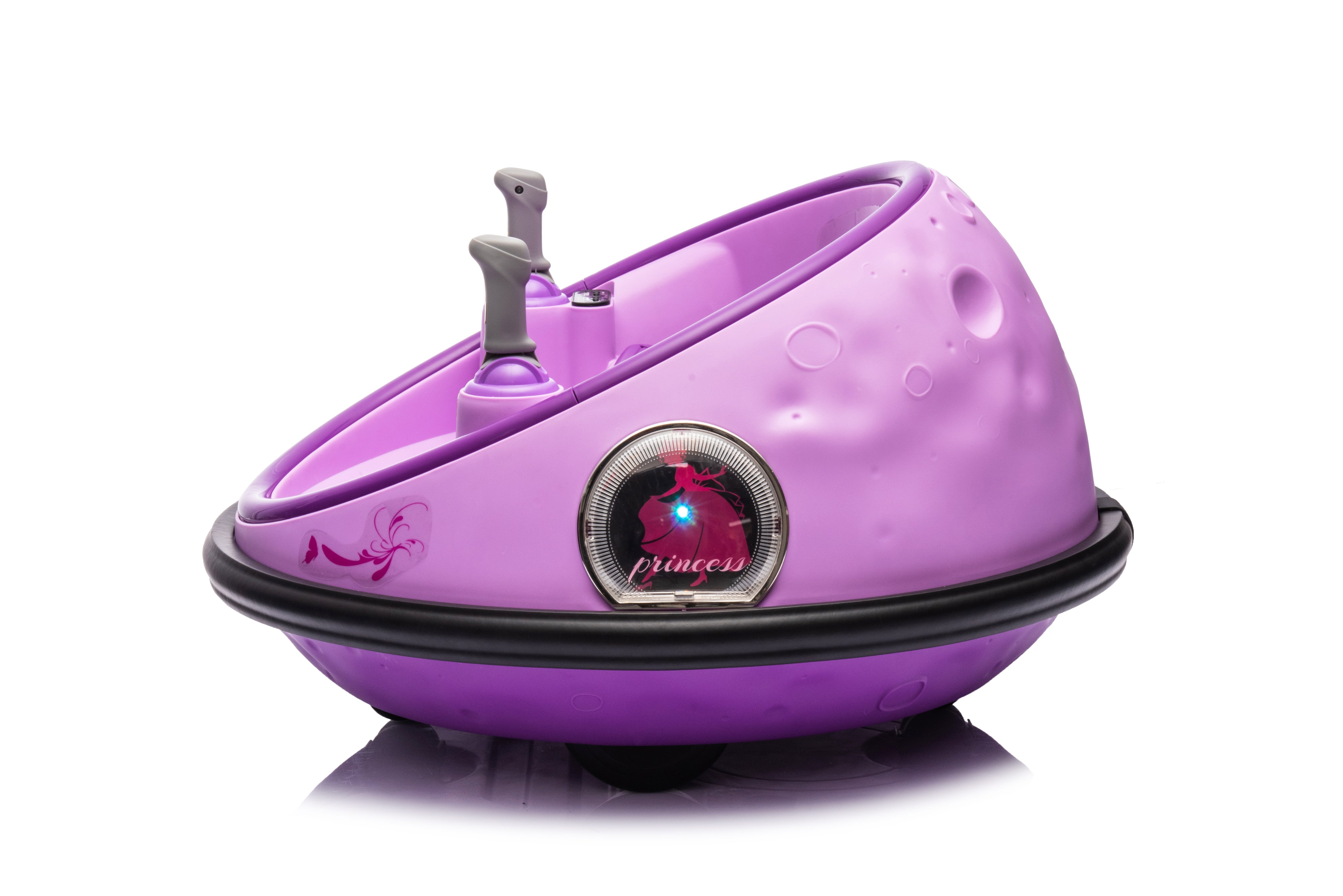 Purple 12V kids bumper car with dual joysticks, rubber bumper, and princess design for toddlers aged 1 to 5 years.