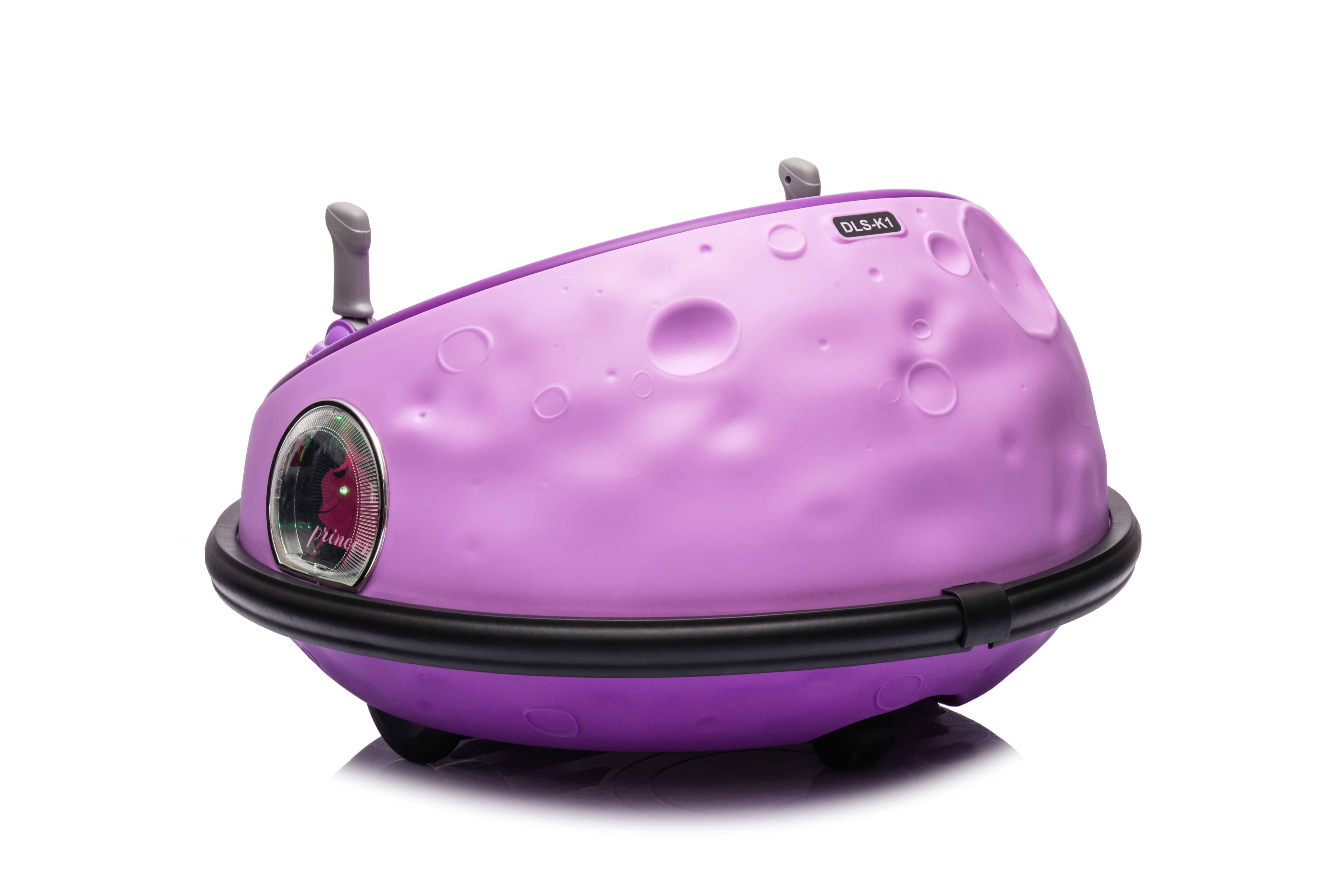 Purple 12V kids bumper car with rubberized bumper and joystick control, safe for toddlers aged 1 to 5 years.
