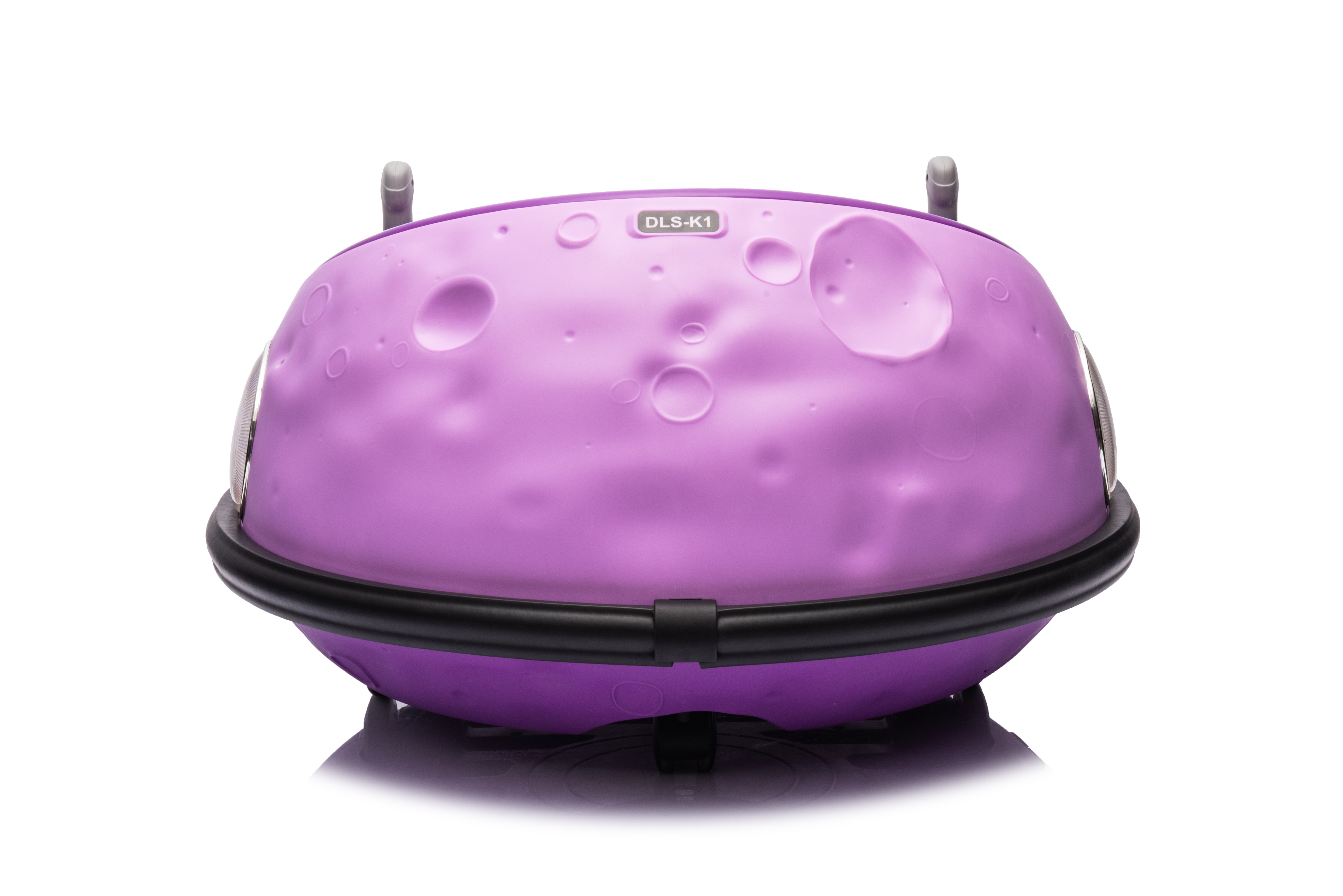 Front view of a purple 12V kids bumper car with rubberized bumper and textured surface for toddlers.
