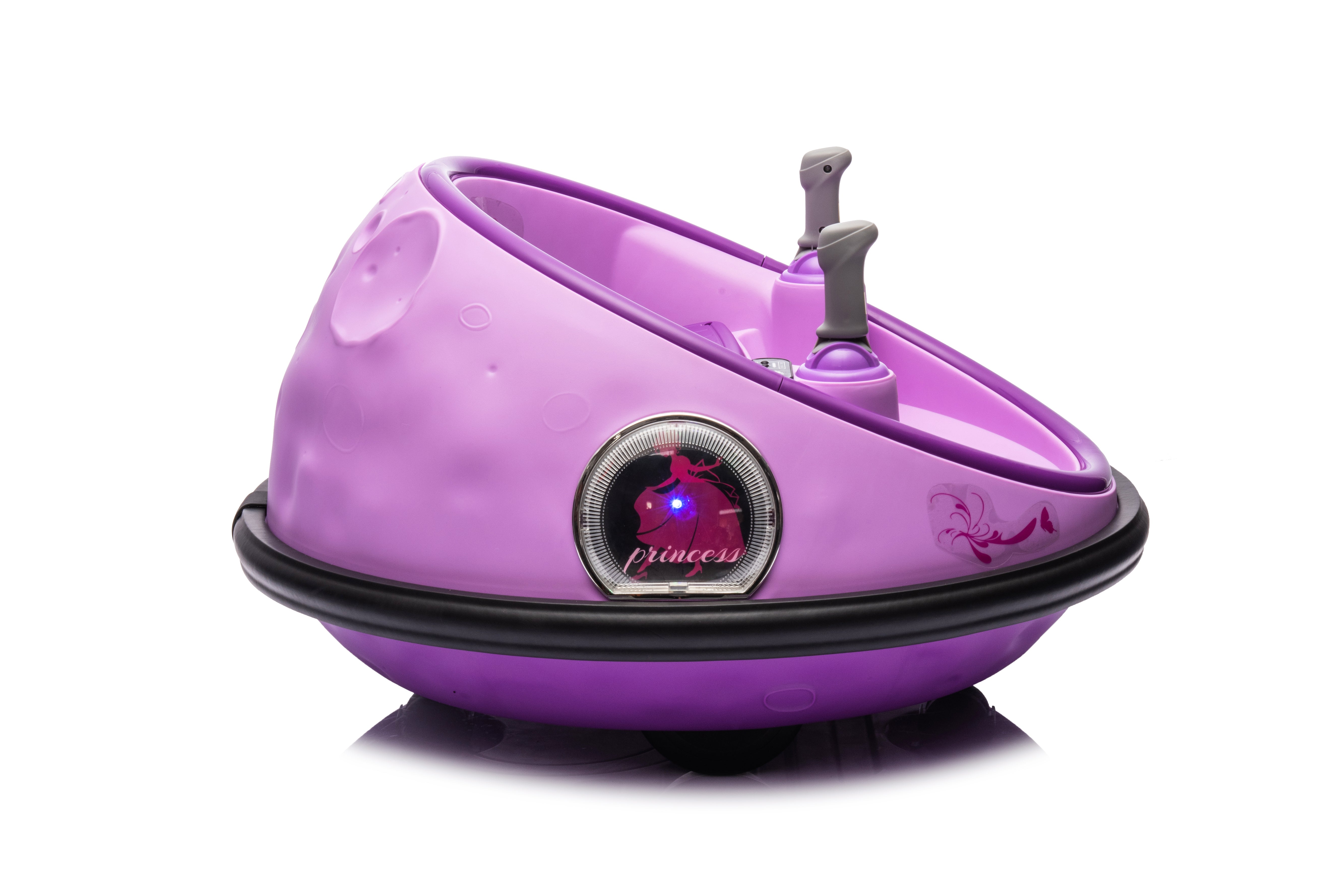 Purple 12V kids bumper car with dual joysticks, rubberized bumper, and LED lights for toddlers aged 1 to 5 years.