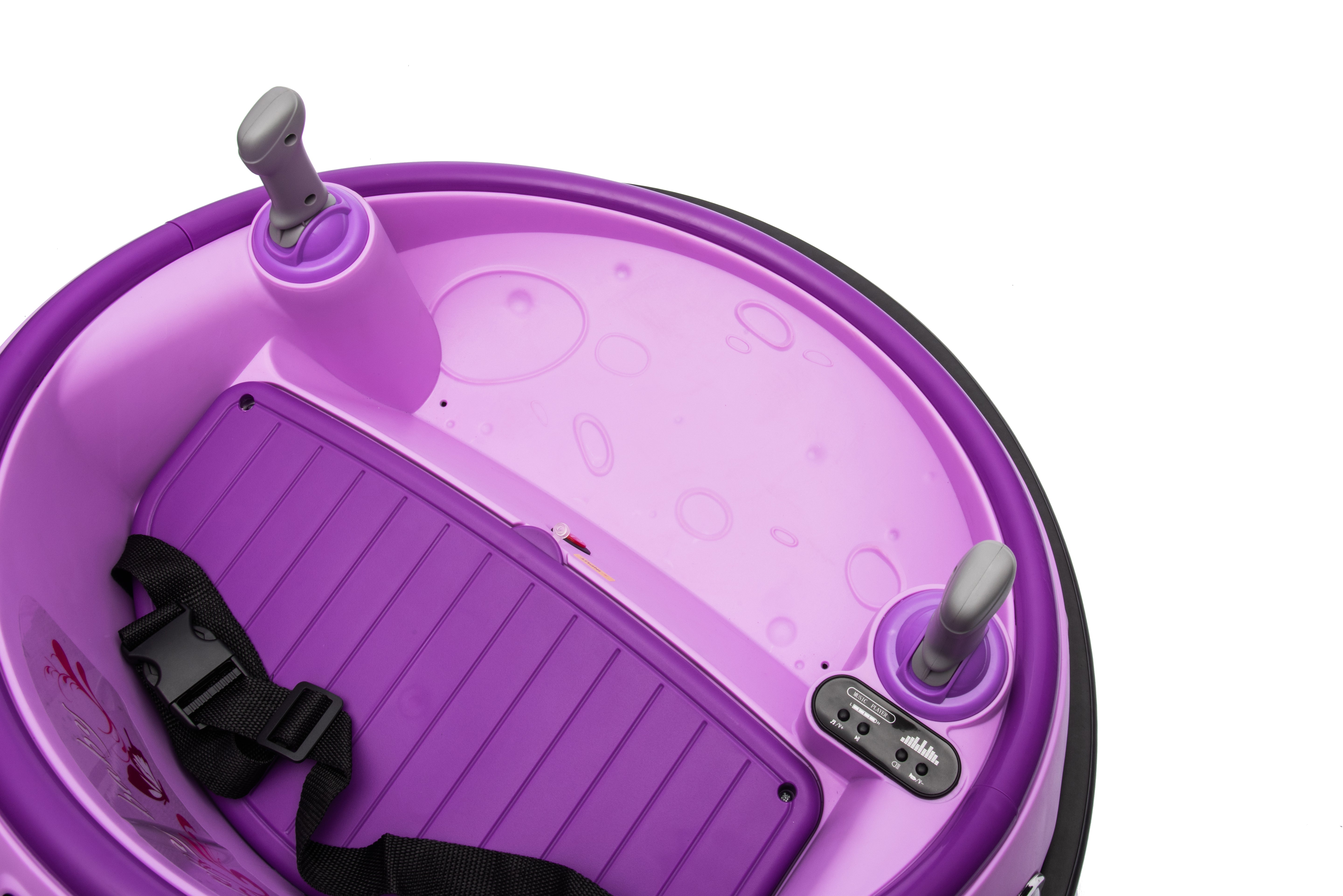 Top-down view of a purple 12V kids bumper car interior with dual joysticks and safety seatbelt.