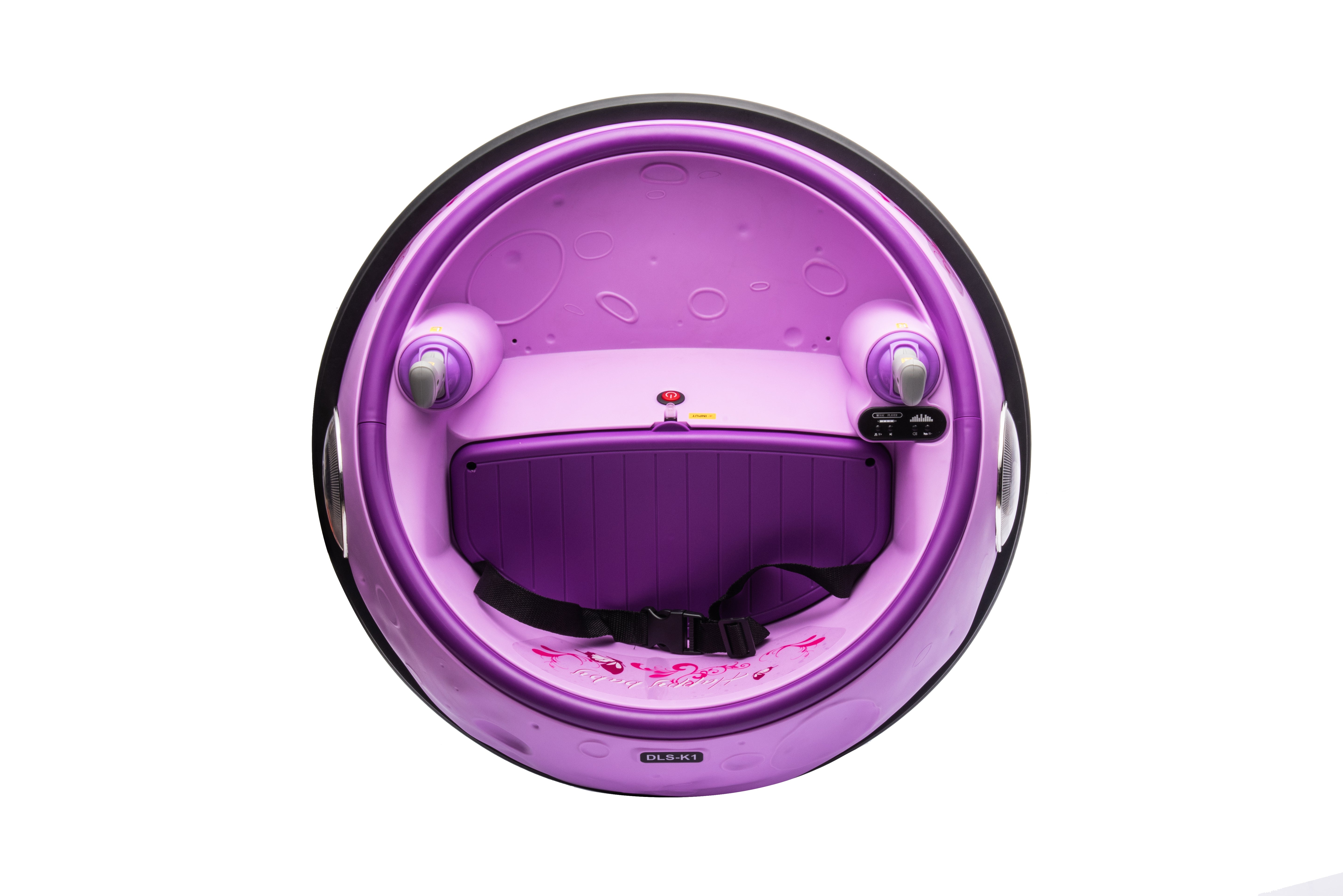 Top view of a purple 12V kids bumper car with seatbelt and joystick controls for toddlers aged 1 to 5.