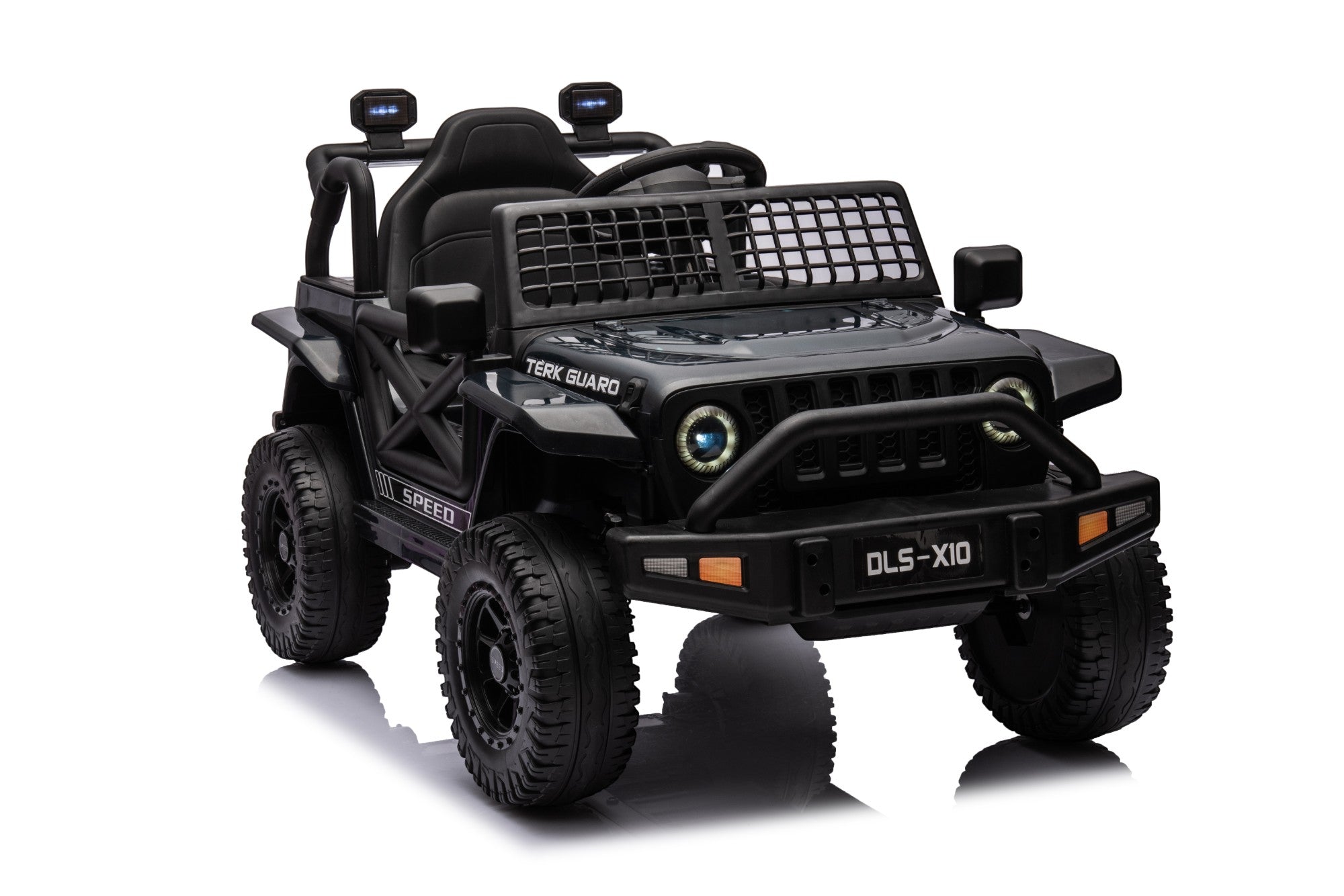 Black 12V Jeep-style electric ride-on car for kids with working headlights and rugged off-road design.