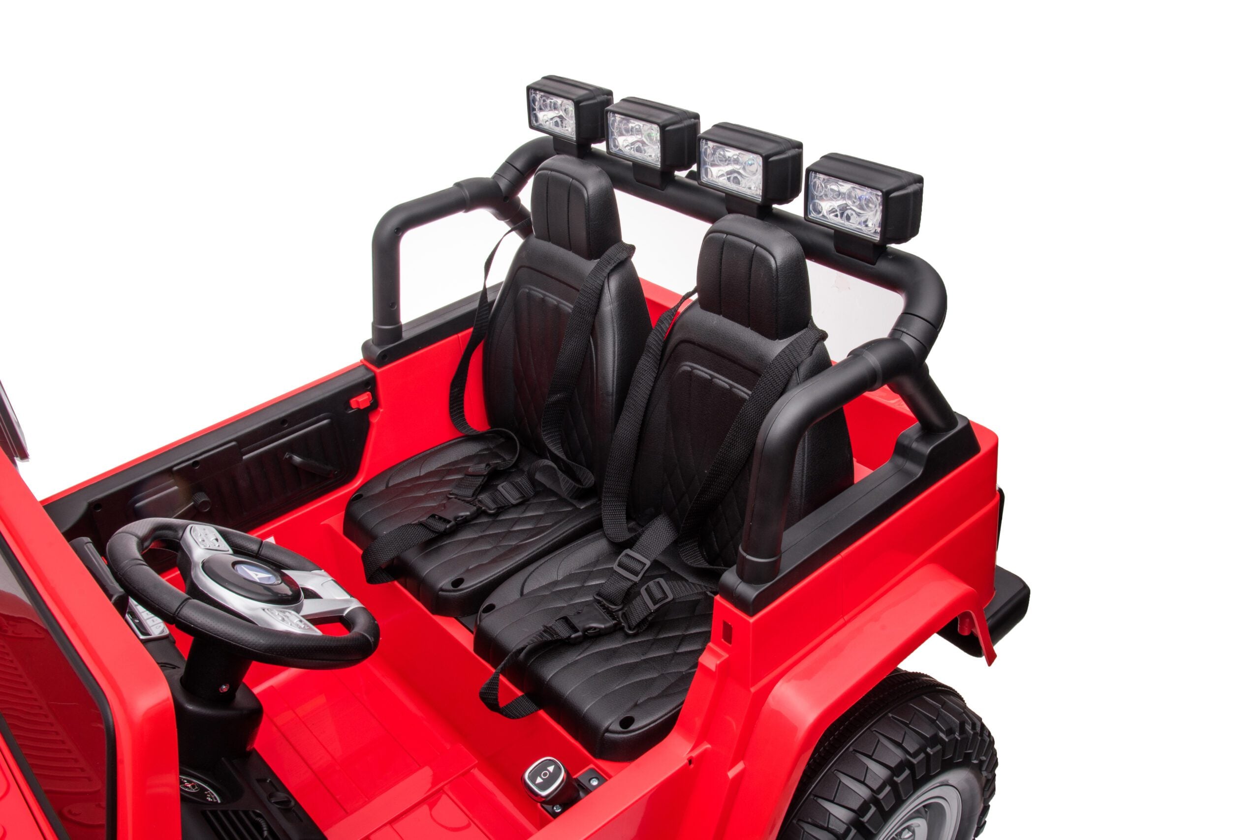 Red 24V 4WD Toyota FJ-40 kids electric ride-on car with black two-seat interior and four roof lights