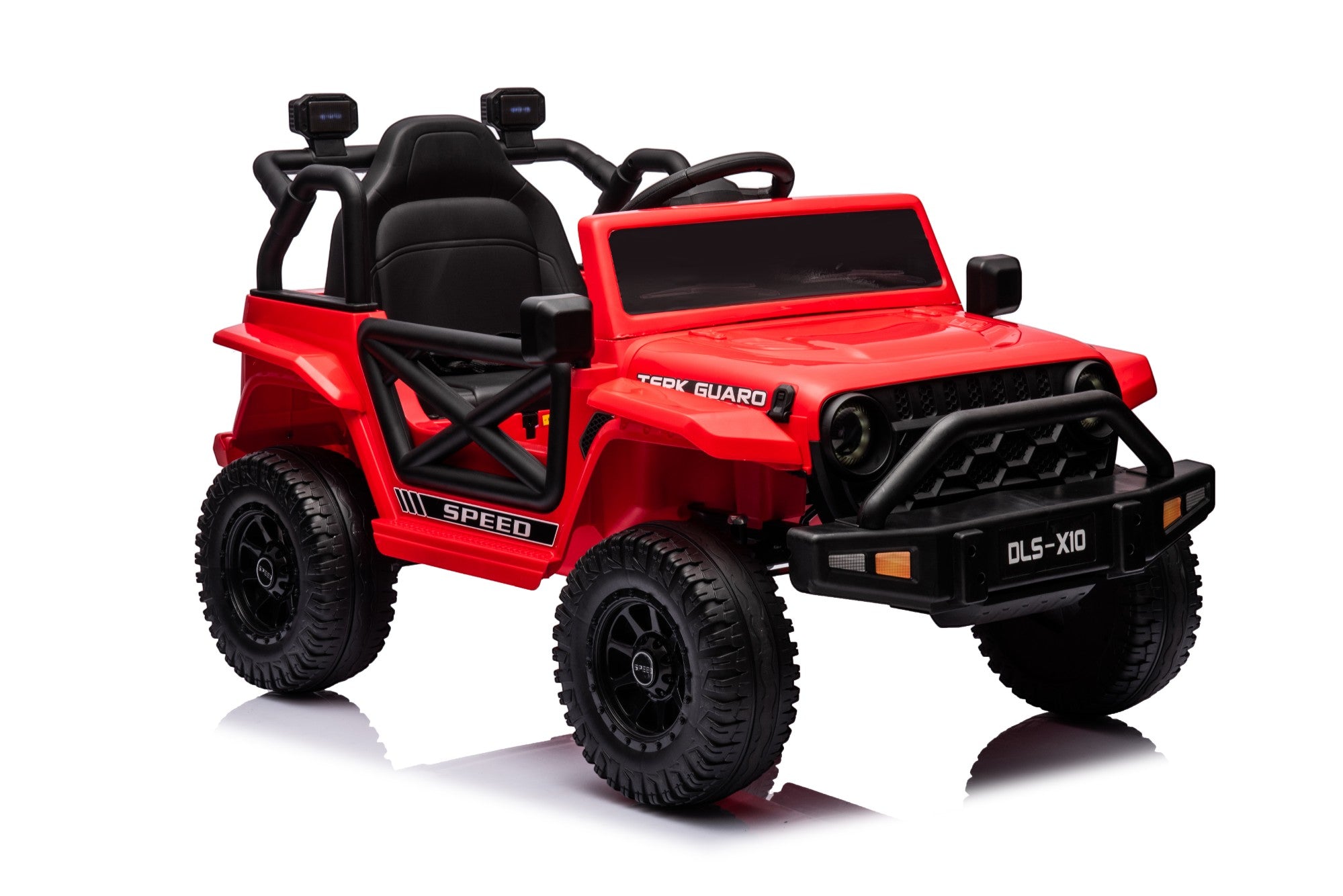 Red 12V Jeep-style electric ride-on car for kids with one seat, safety belt, and off-road design features.