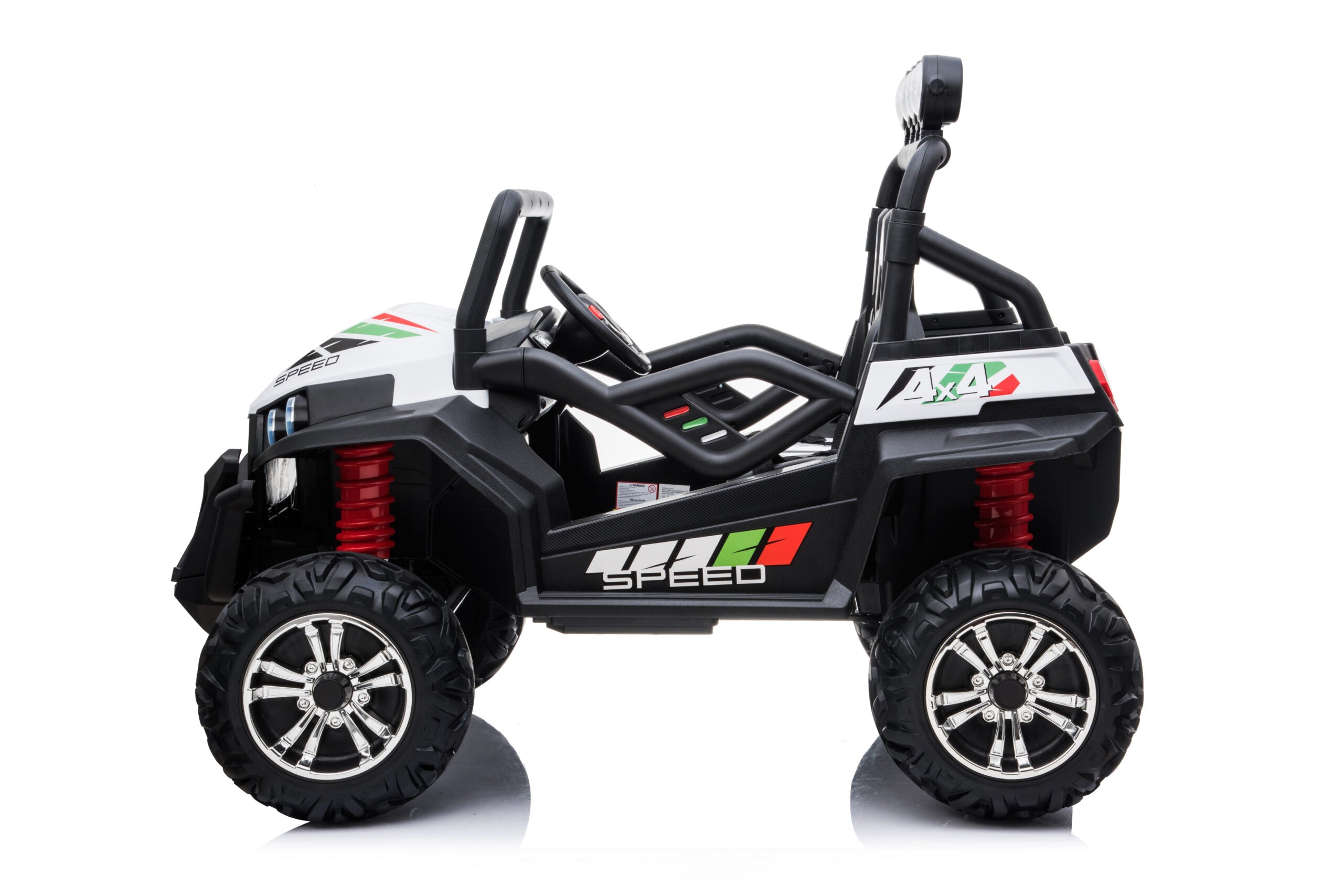 24V electric ride-on beach buggy for kids with 4WD, large EVA wheels, dual seats, and LED headlights in white.