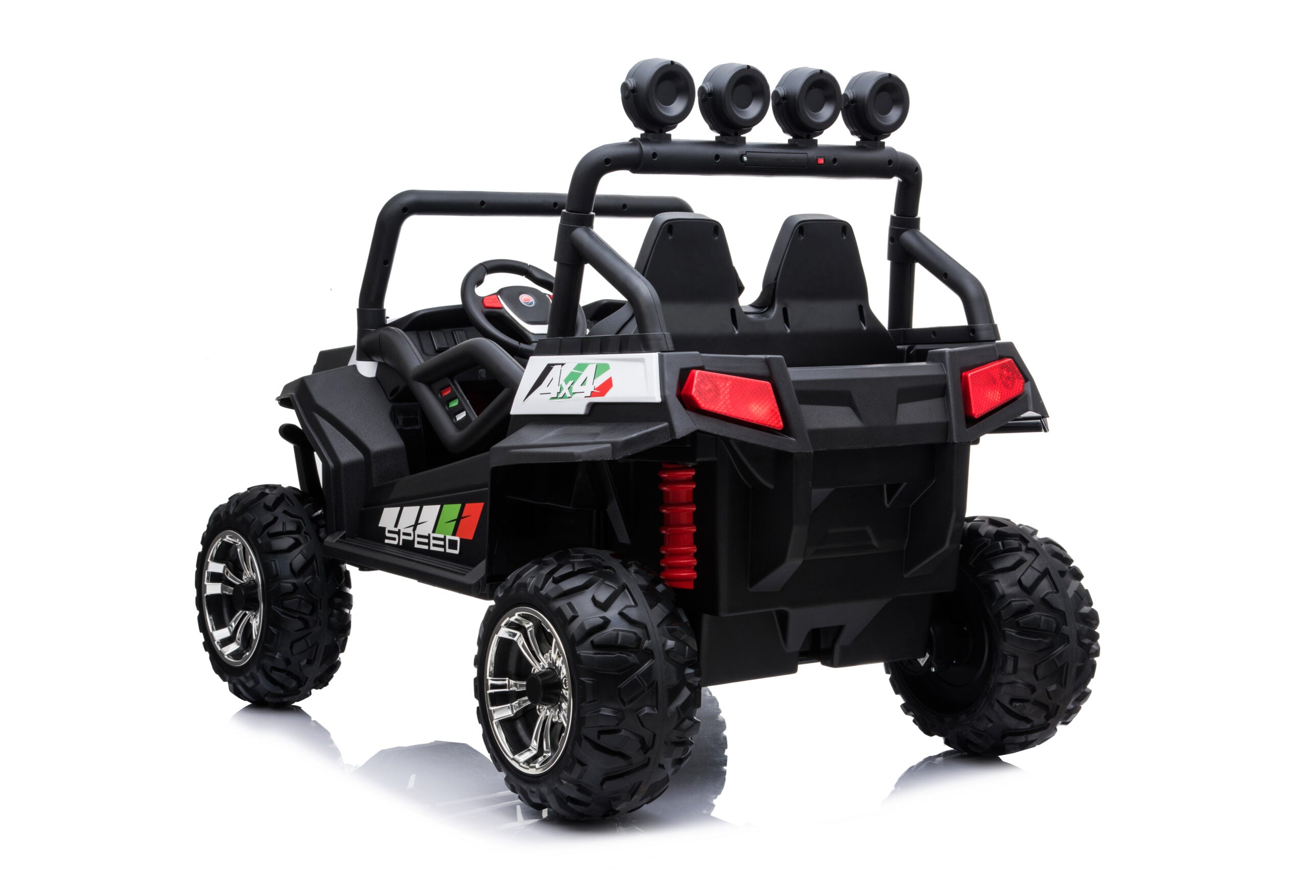 Black 24V electric beach buggy ride-on toy for kids with four large off-road wheels and dual seats