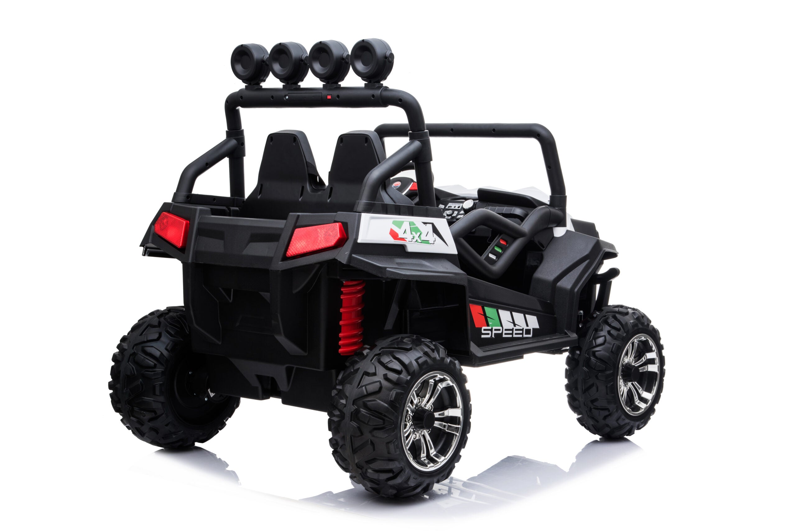 Black 24V electric kids beach buggy with large off-road wheels and dual seats for ages 3 to 8 years old.