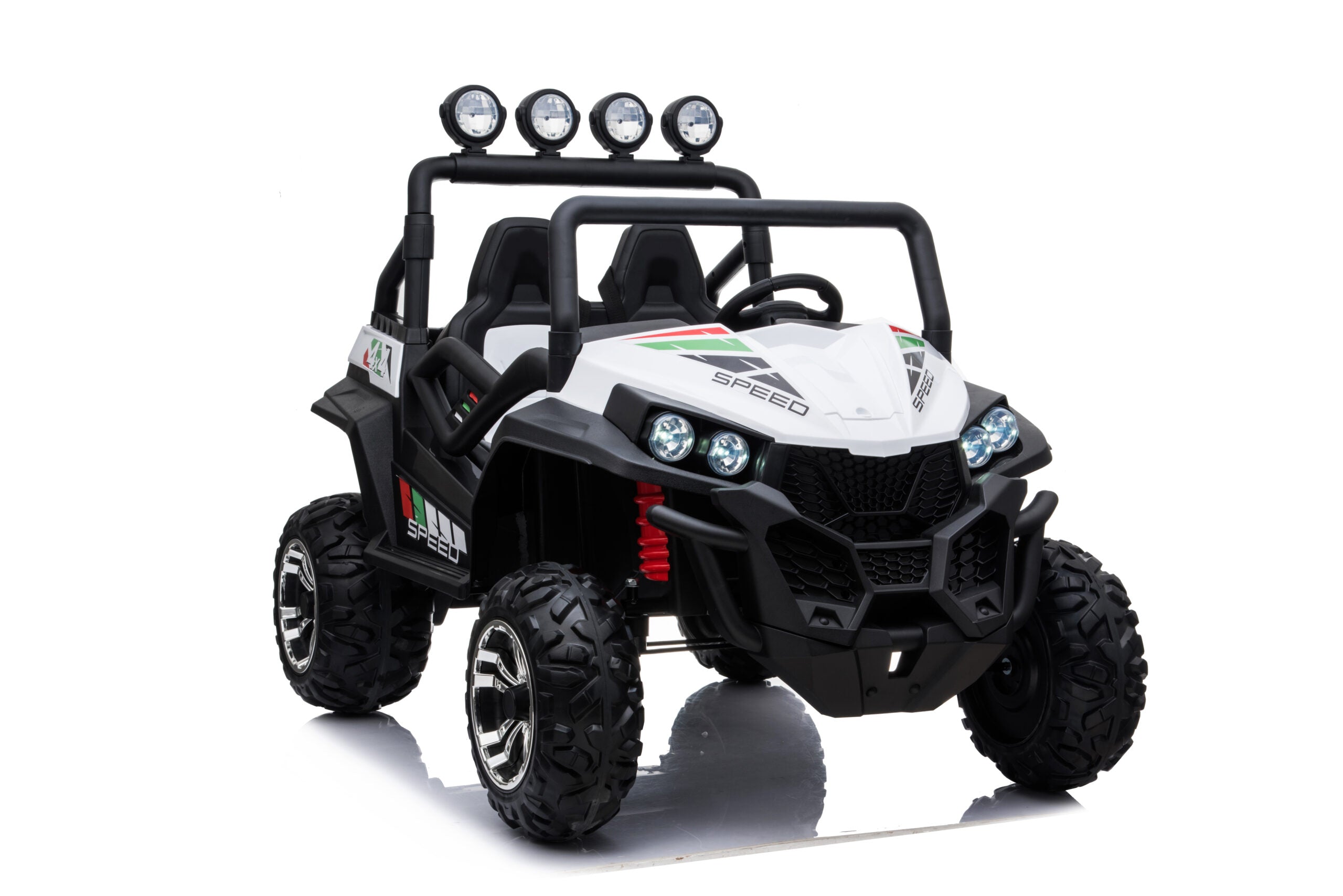 24V electric ride-on beach buggy for kids with 4WD, LED lights, and large soft tires for off-road adventure.