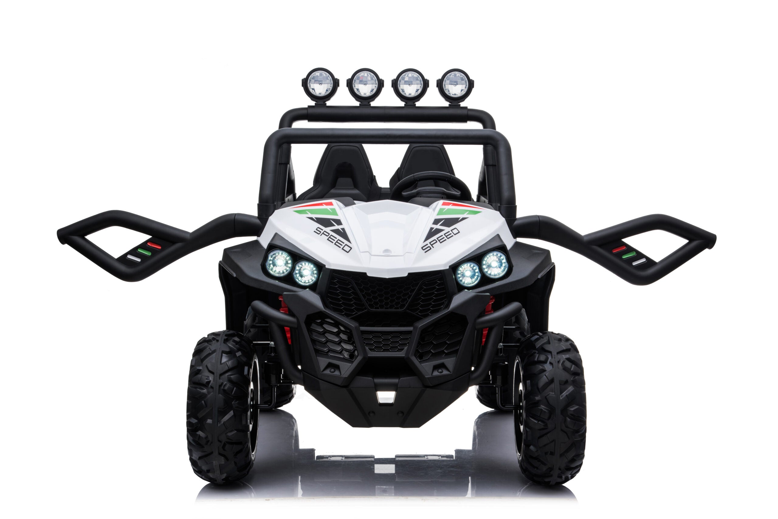 Front view of a white 24V electric kids beach buggy with four large off-road wheels and LED lights
