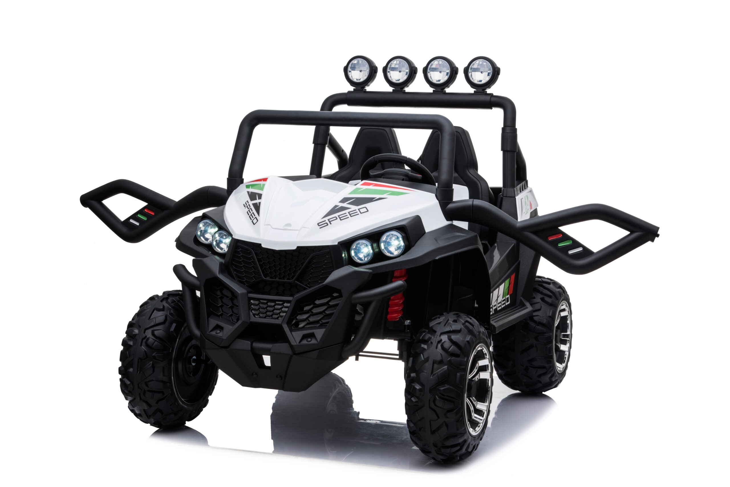 24V white electric ride-on beach buggy for kids with four large EVA wheels, LED lights, and dual seats with safety belts
