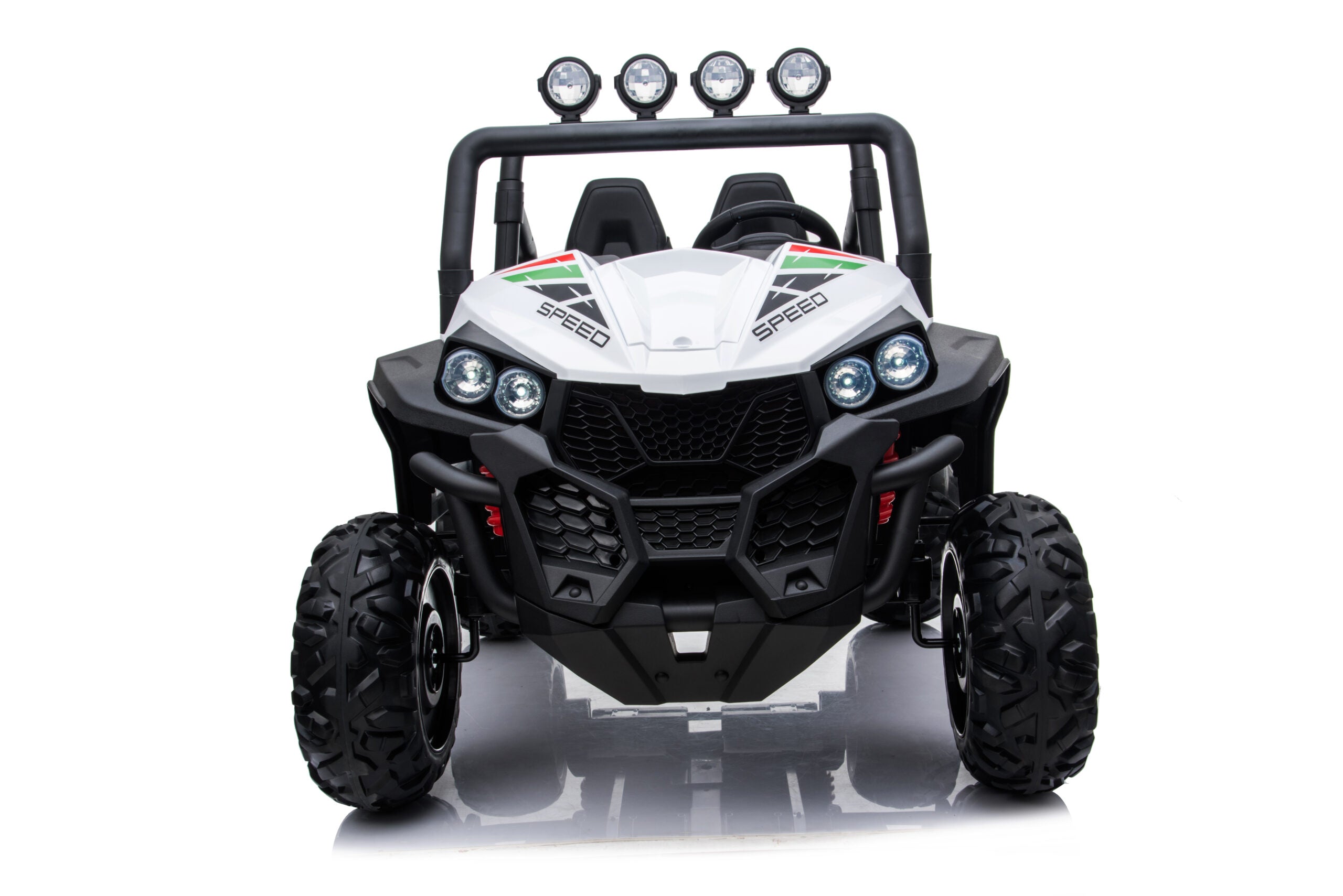 Front view of 24V Mc Wholesalers Beach Buggy Speed electric ride-on toy for kids with large off-road wheels and LED lights.