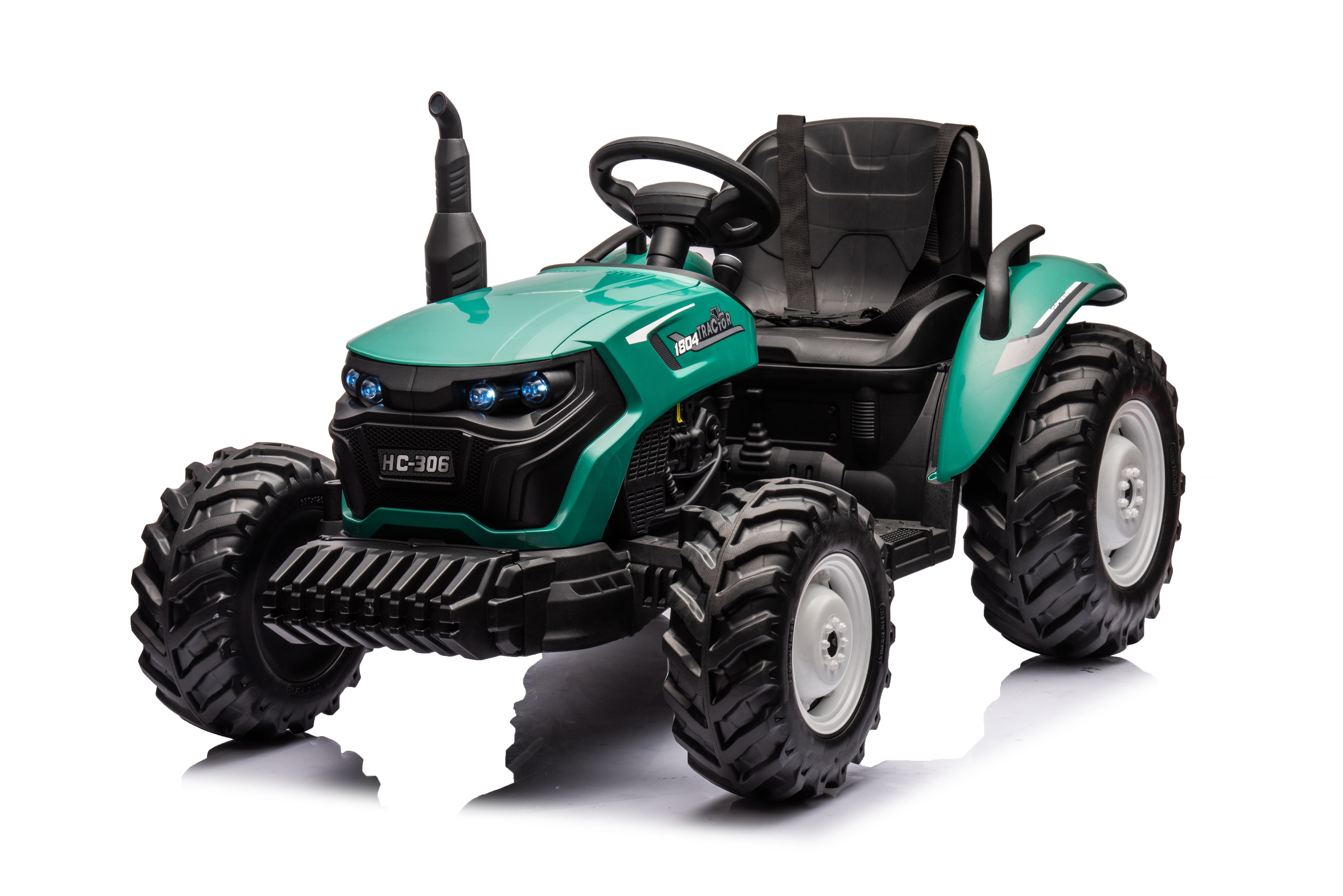 Teal green 24V kids electric ride-on farm tractor with large tires, realistic design, and comfortable black seat.