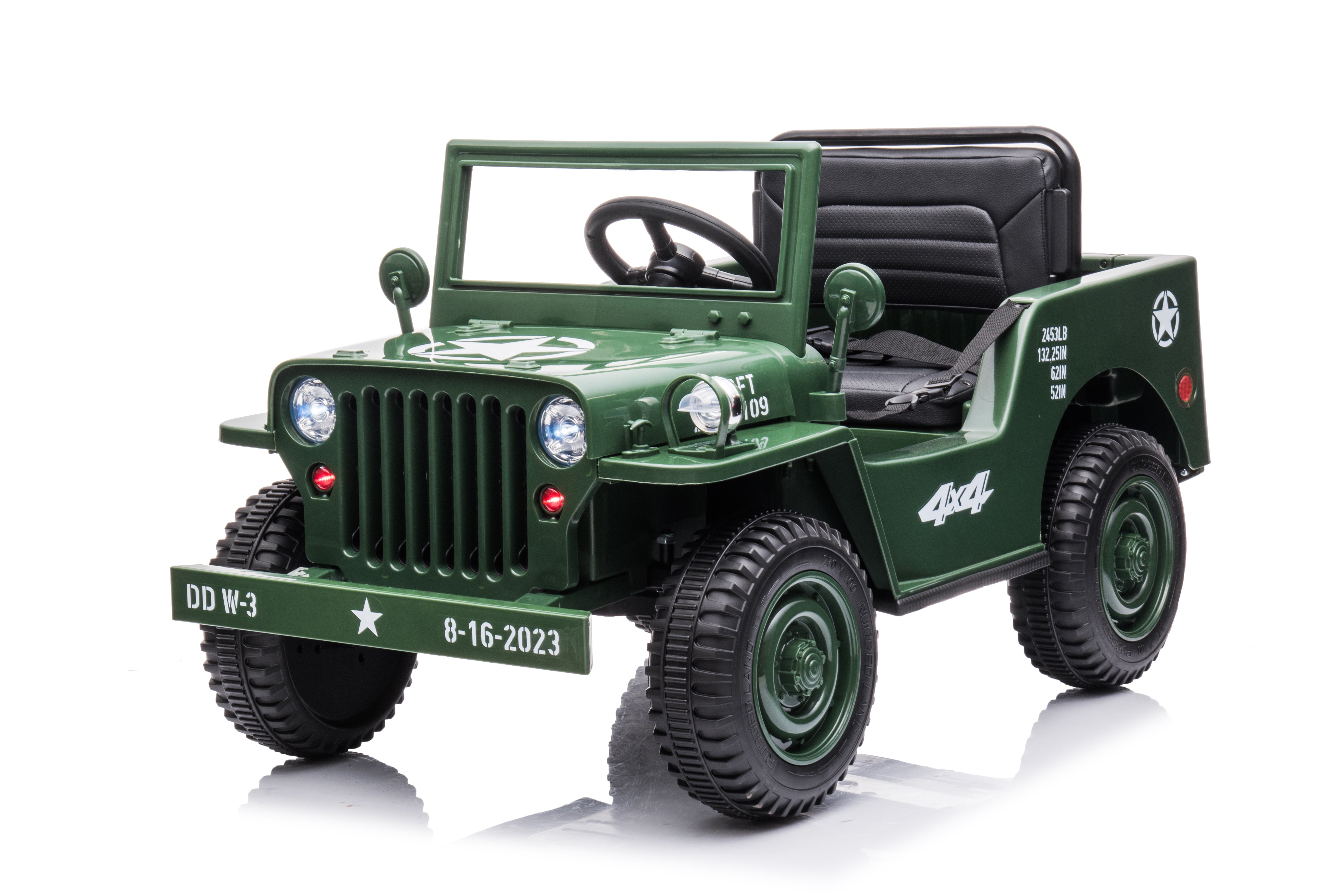 Green 12V military-style Willys jeep electric ride-on car for kids with realistic details and off-road tires