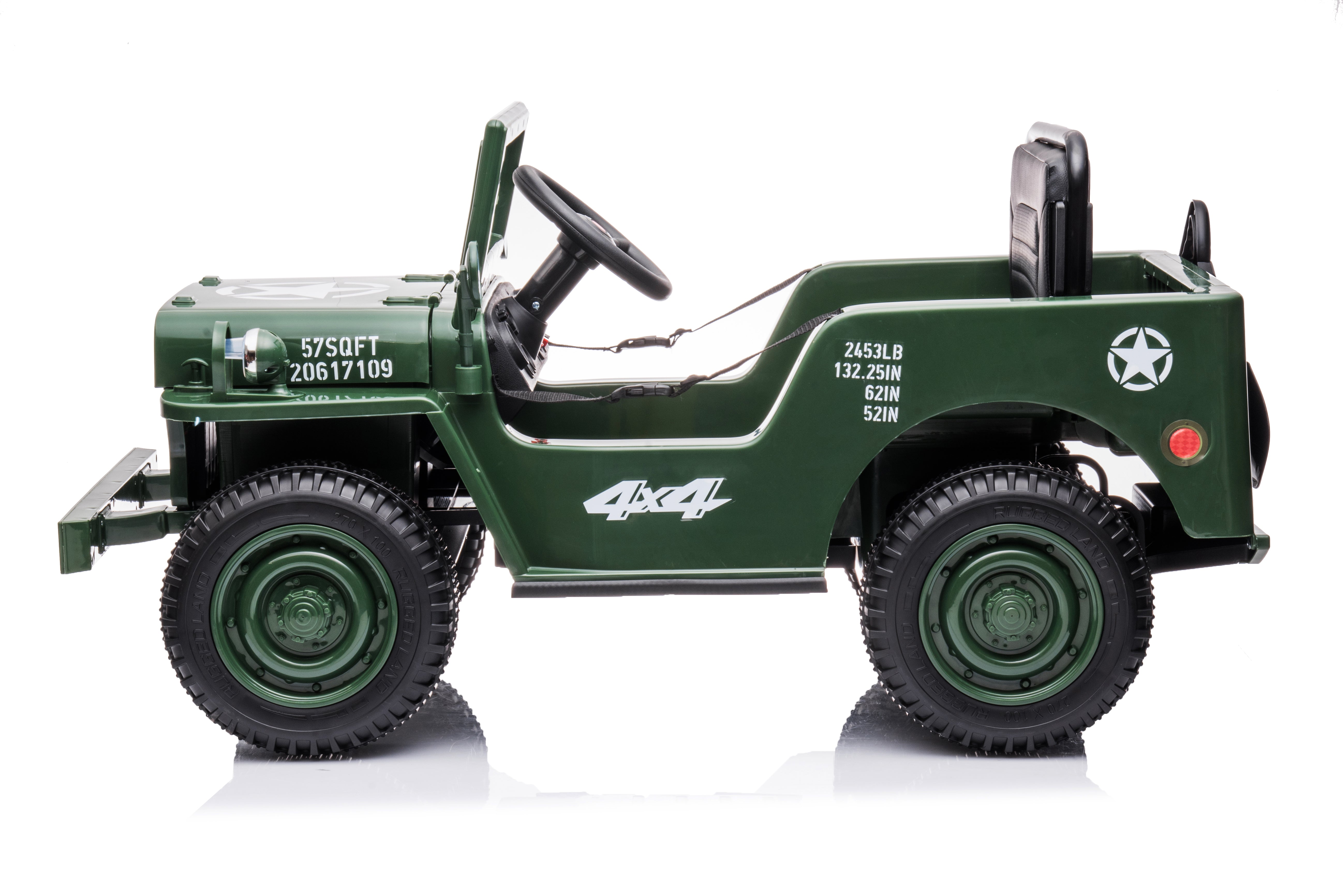 Green 12V military-style Willy Jeep electric ride-on car for kids with realistic dashboard and rugged off-road design