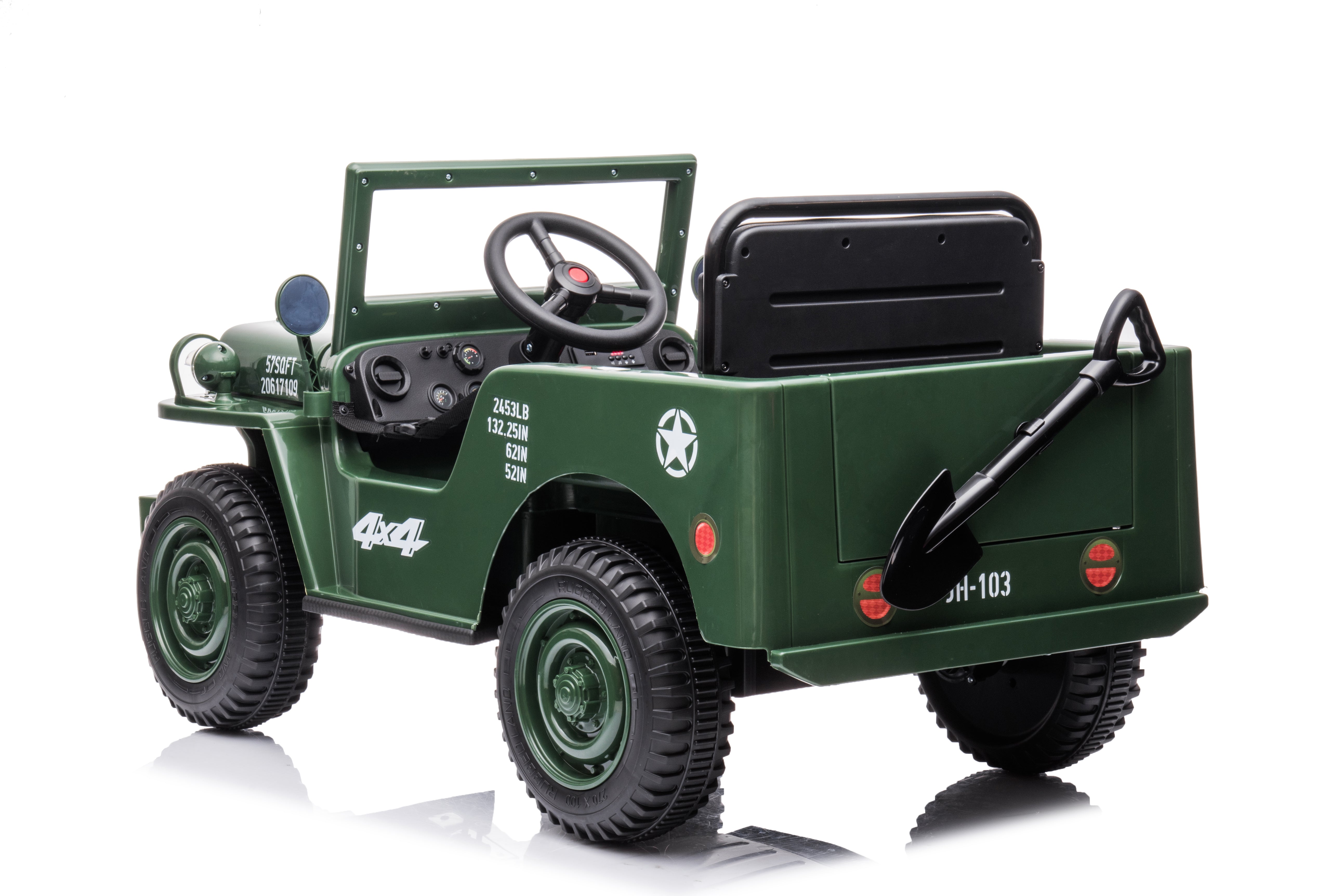 Green 12V military style electric ride-on Jeep for kids with realistic details and rugged off-road design