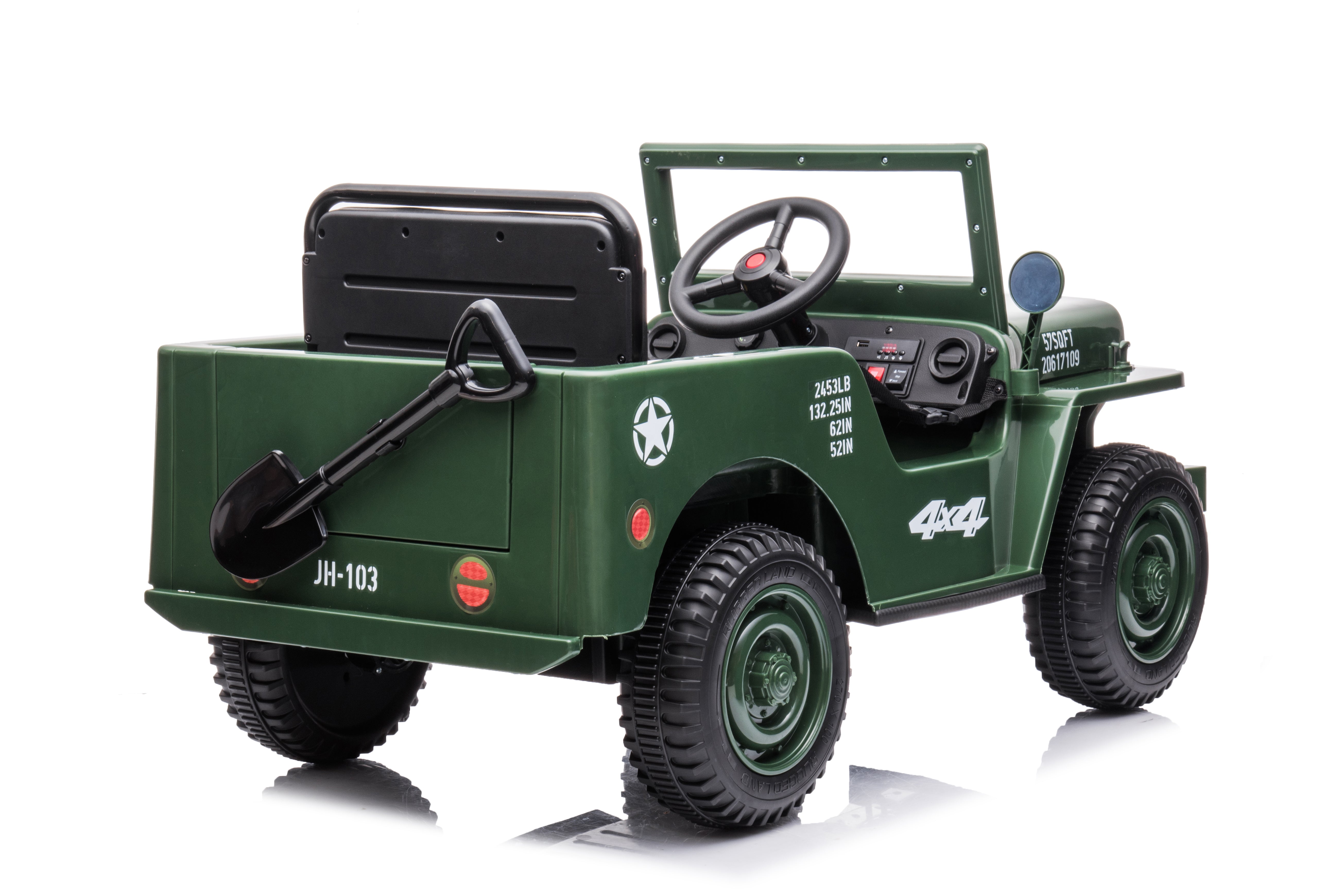Green 12V military-style Willys Jeep electric ride-on car for kids with realistic dashboard and rugged tires