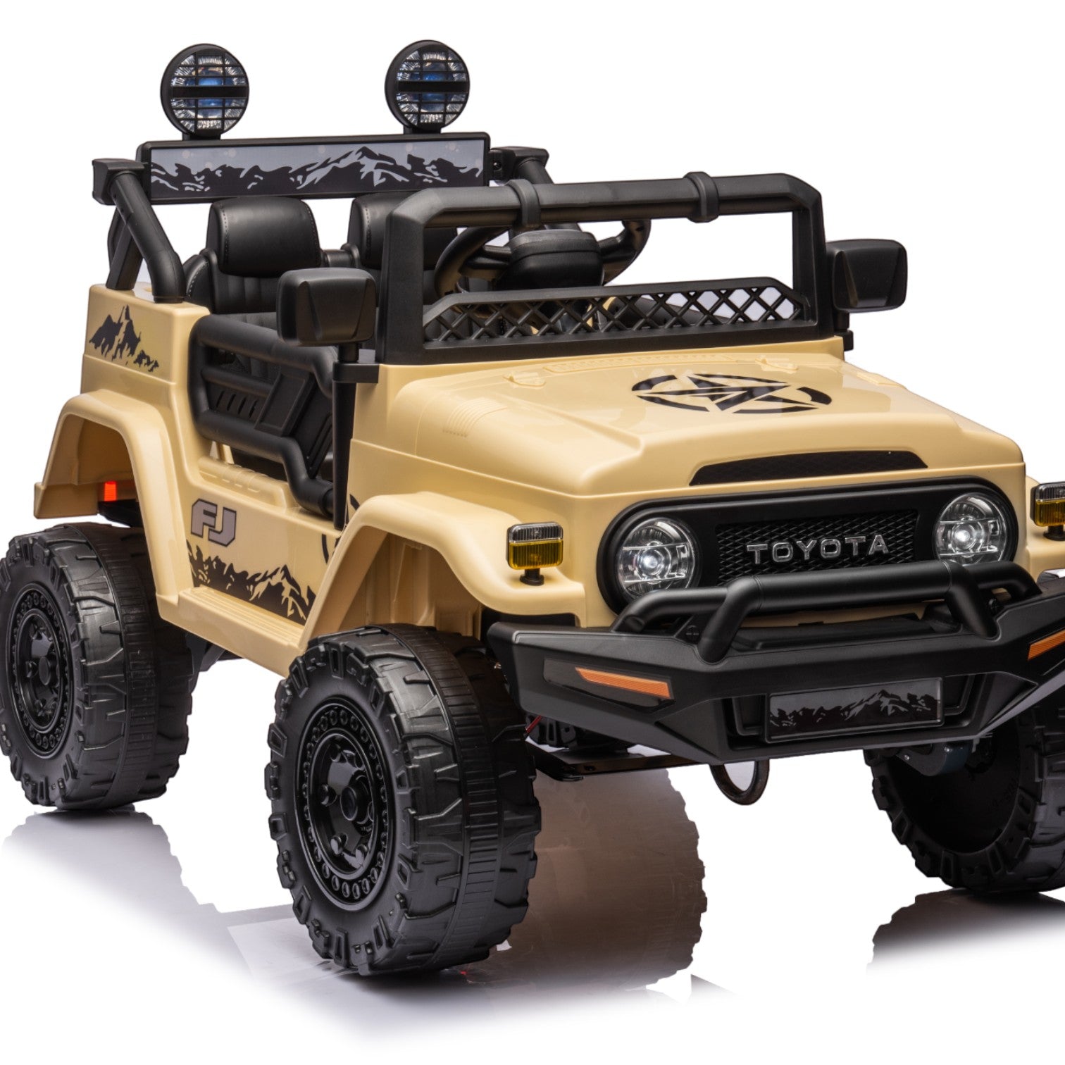 Beige Toyota FJ Cruiser licensed 12V electric ride-on toy car for kids with off-road design and working lights