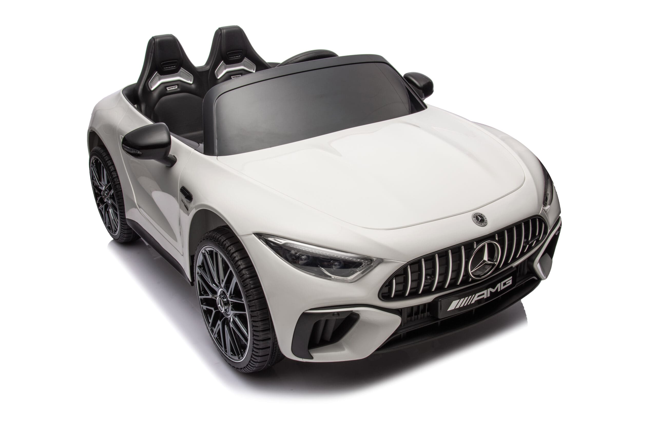 White Mercedes 12V electric kids ride-on SL 63 two-seater car with realistic details and black wheels