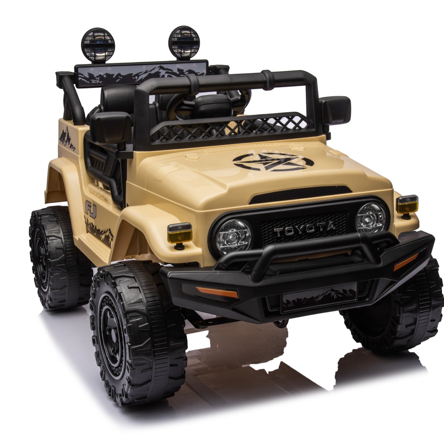 Toy beige Toyota FJ Cruiser electric kids ride-on car with off-road tires and working LED spotlights.