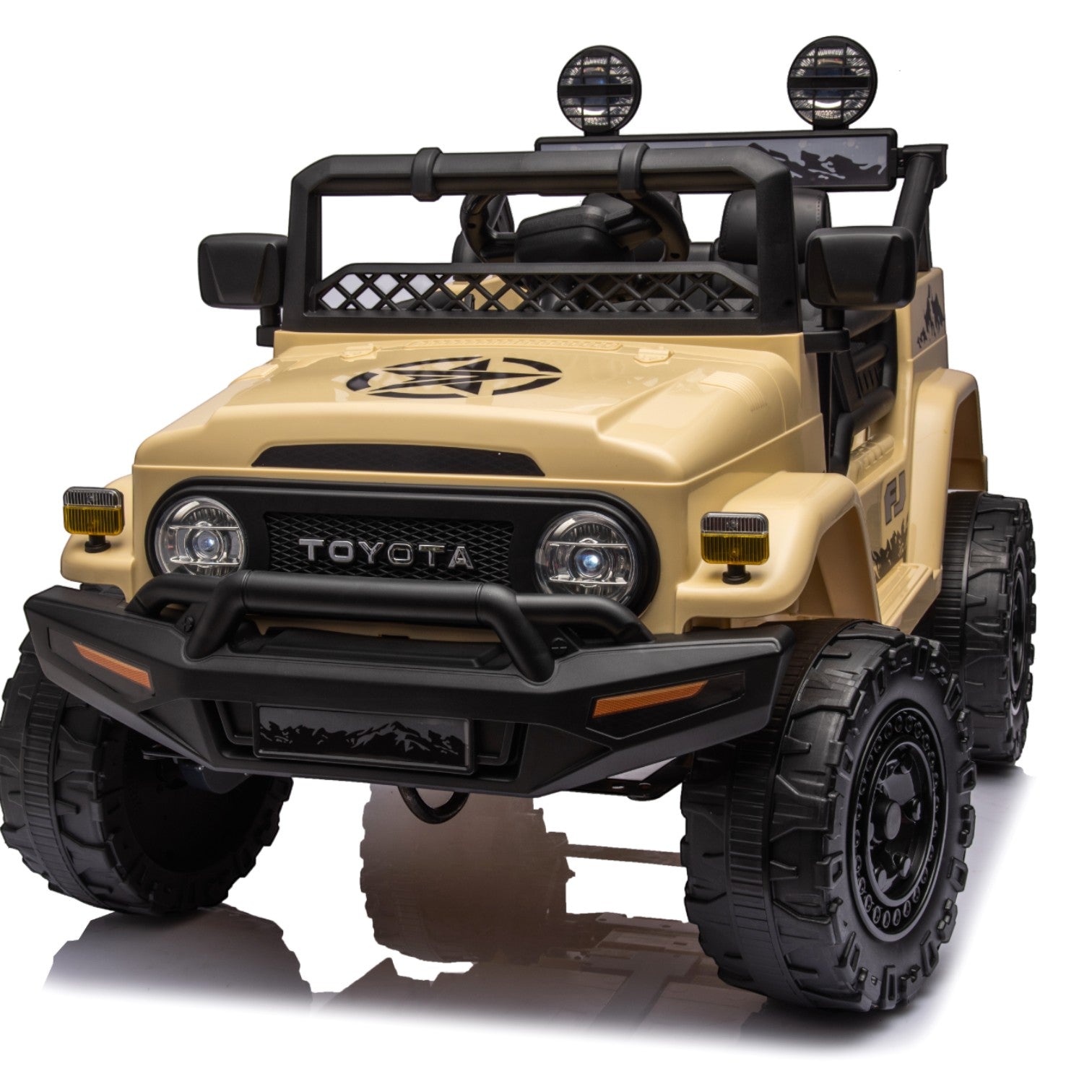 Beige Toyota FJ Cruiser licensed electric toy car for kids with off-road design and large rugged tires.