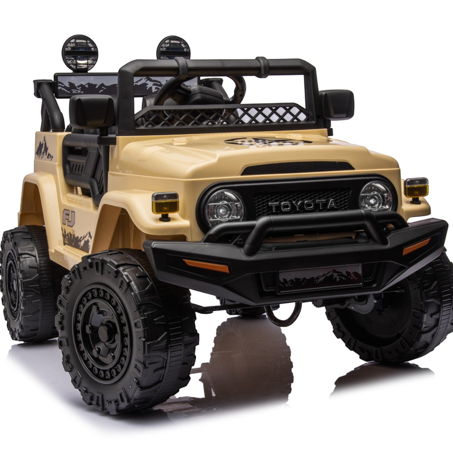 Beige Toyota FJ Cruiser licensed 12V electric ride-on toy car for kids with rugged off-road design and large wheels.