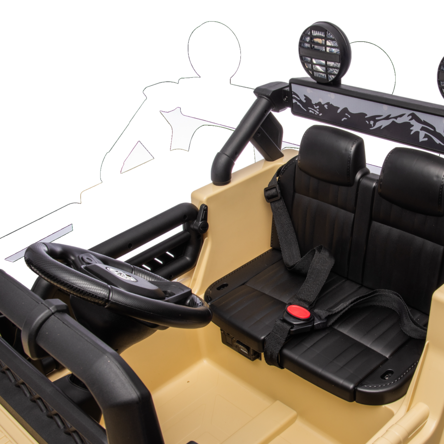 Interior view of Toyota FJ Cruiser licensed 12v electric toy car for kids with black seats, steering wheel, and seat belts.