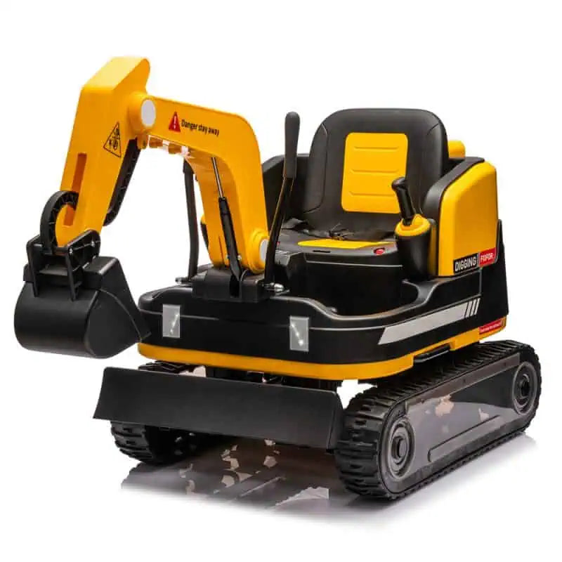 Yellow 24V kids ride-on construction digger toy with manual excavator arm and dual 750W motors on tracks