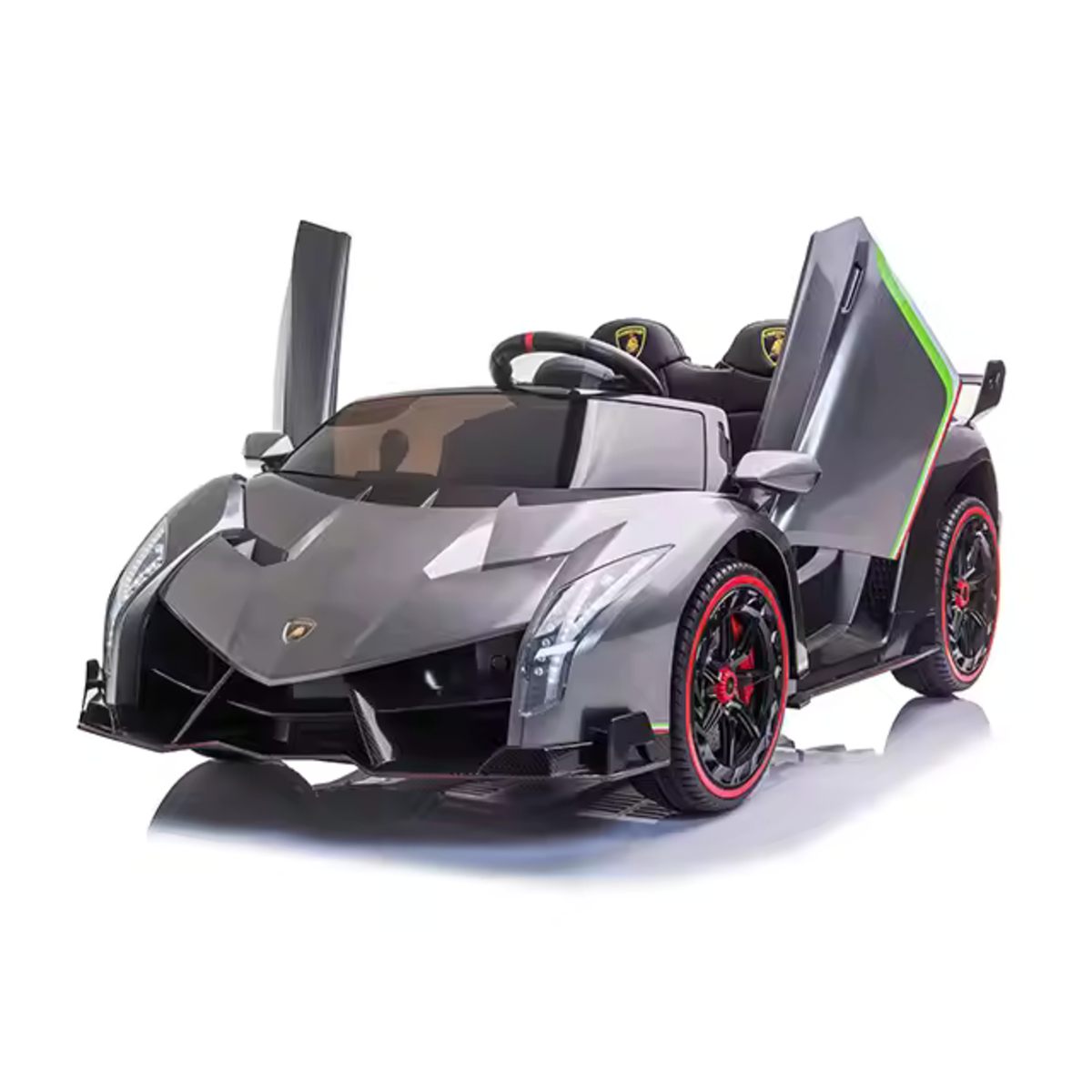 Silver Lamborghini Veneno kids ride-on car with hydraulic doors and sleek sporty design