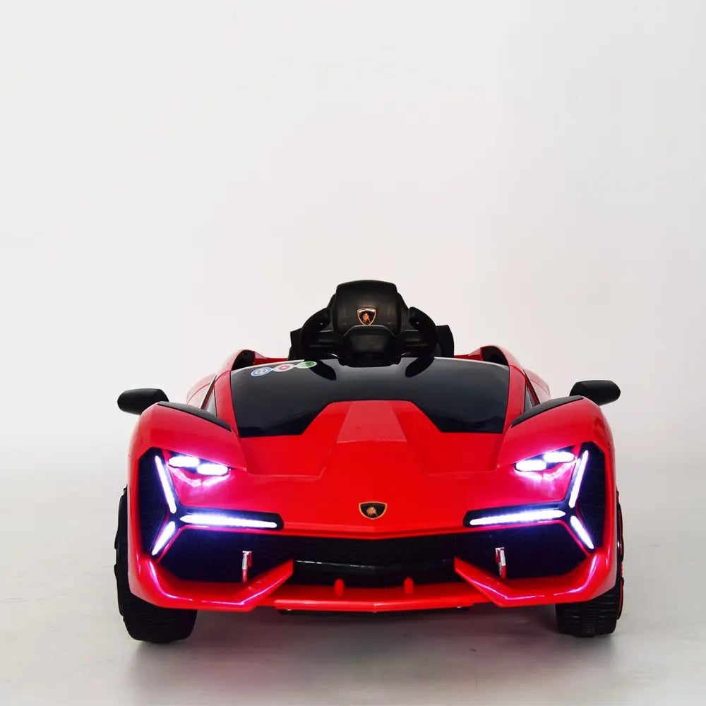 Red 12V Lamborghini inspired electric kids ride-on car with LED lights and single seat for ages 3 and up.