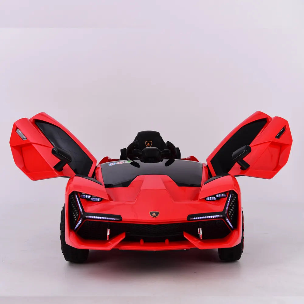 Red 12V Lamborghini inspired kids ride-on electric car with scissor doors open and LED lights on a white background