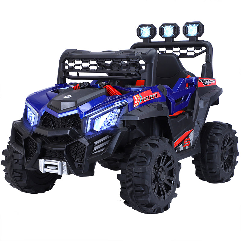 Blue 12v kids ride-on buggy electric car with four chunky wheels and detailed front lights, designed for ages 1 to 6 years.