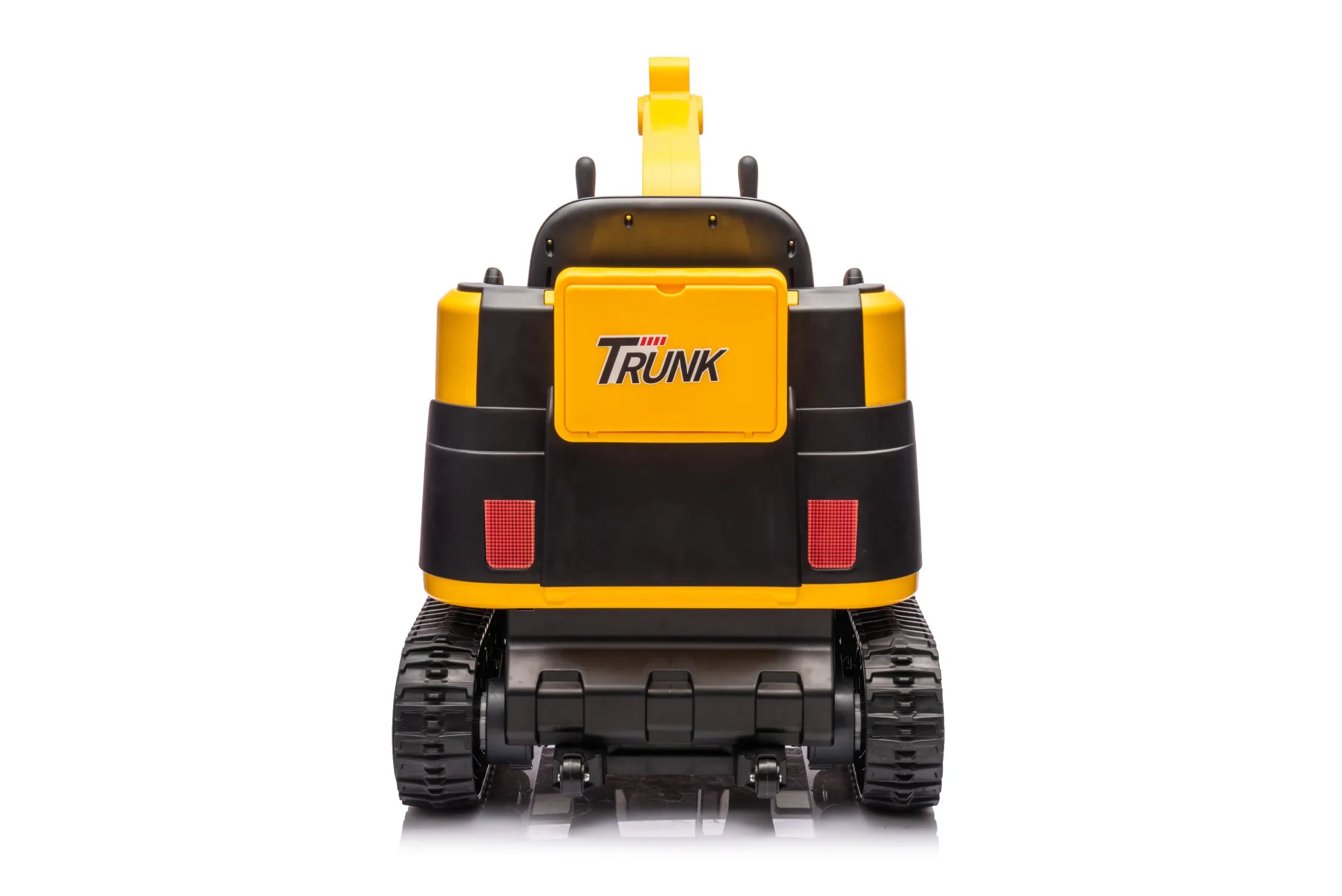 Rear view of yellow 24V ride-on kids electric excavator digger toy with black tracks and working arm
